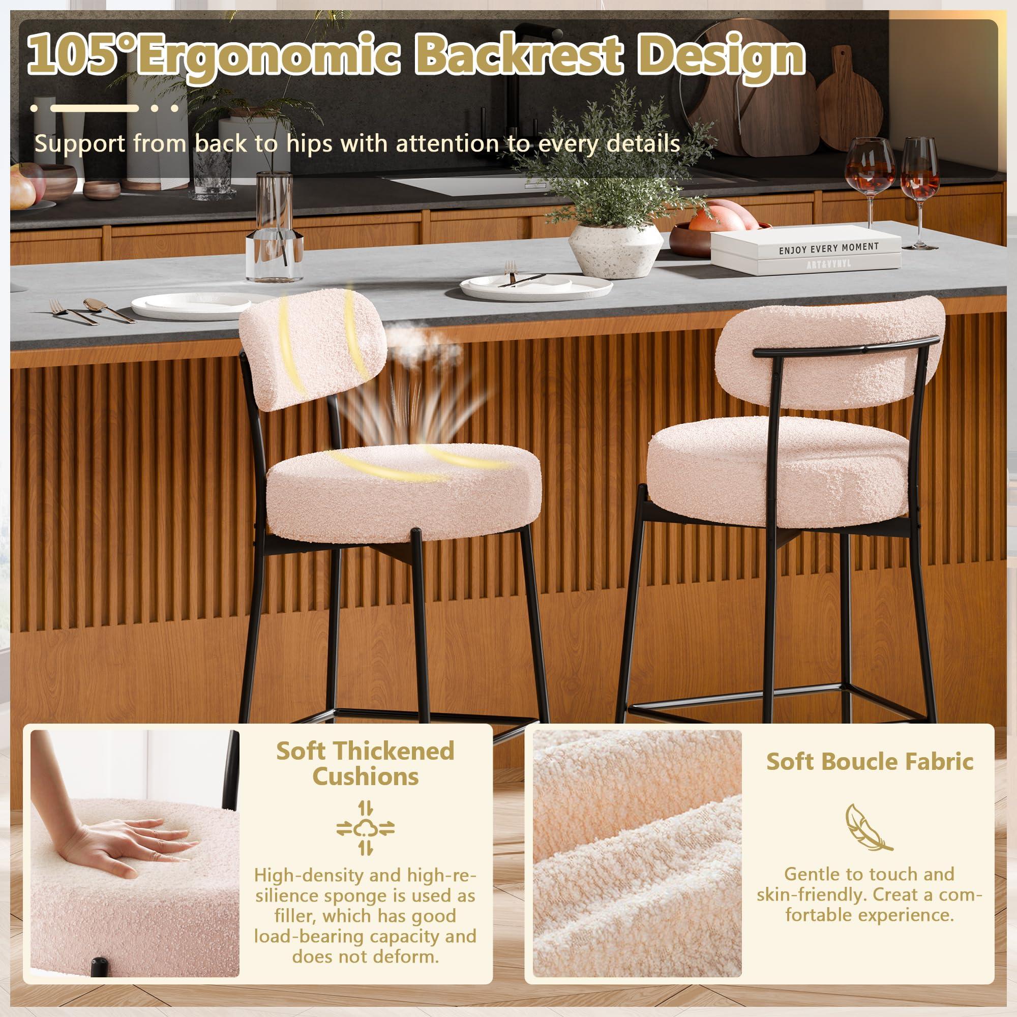 DYHOME DYHOME Bar Stools Set of 3, 24 Inches Modern Counter Height Bar Stools with Curved Back Metal Legs, Beige Upholstered Boucle Barstools for Kitchen Island, Cafe