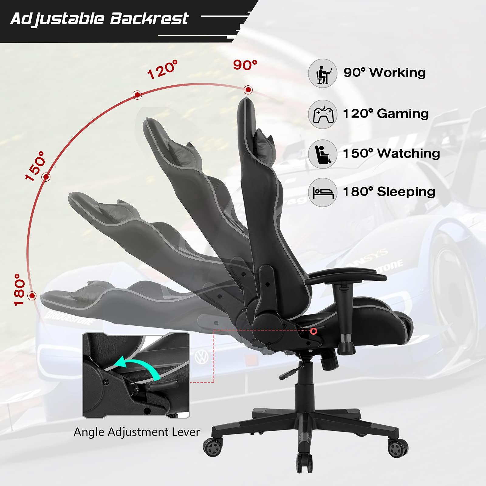 GYMAX GYMAX Gaming Chair, Massage Gaming Chairs for Adults with Headrest, Lumbar Support & Armrest, Video Computer Reclining Gaming Chair, Office Desk Gamer Task Chair (Grey)