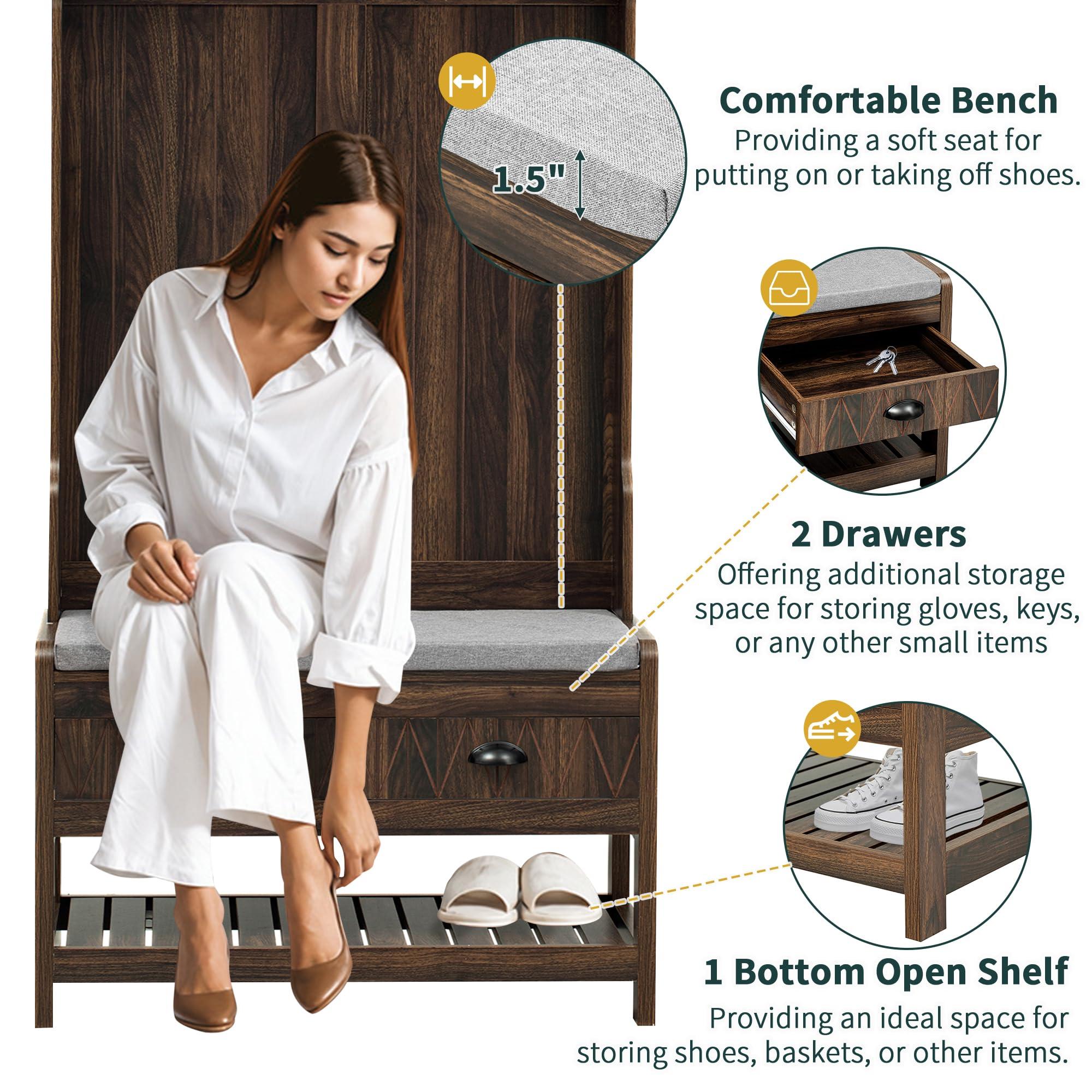 Royard Oaktree Royard Oaktree Hall Tree with Drawers and Removable Storage Boxes, Multifunctional Entryway Bench with Cushion and Shoe Rack, 3-in-1 Coat Hanger with 4 Hooks Wood Coat Tree for Hallway Mudroom, Brown
