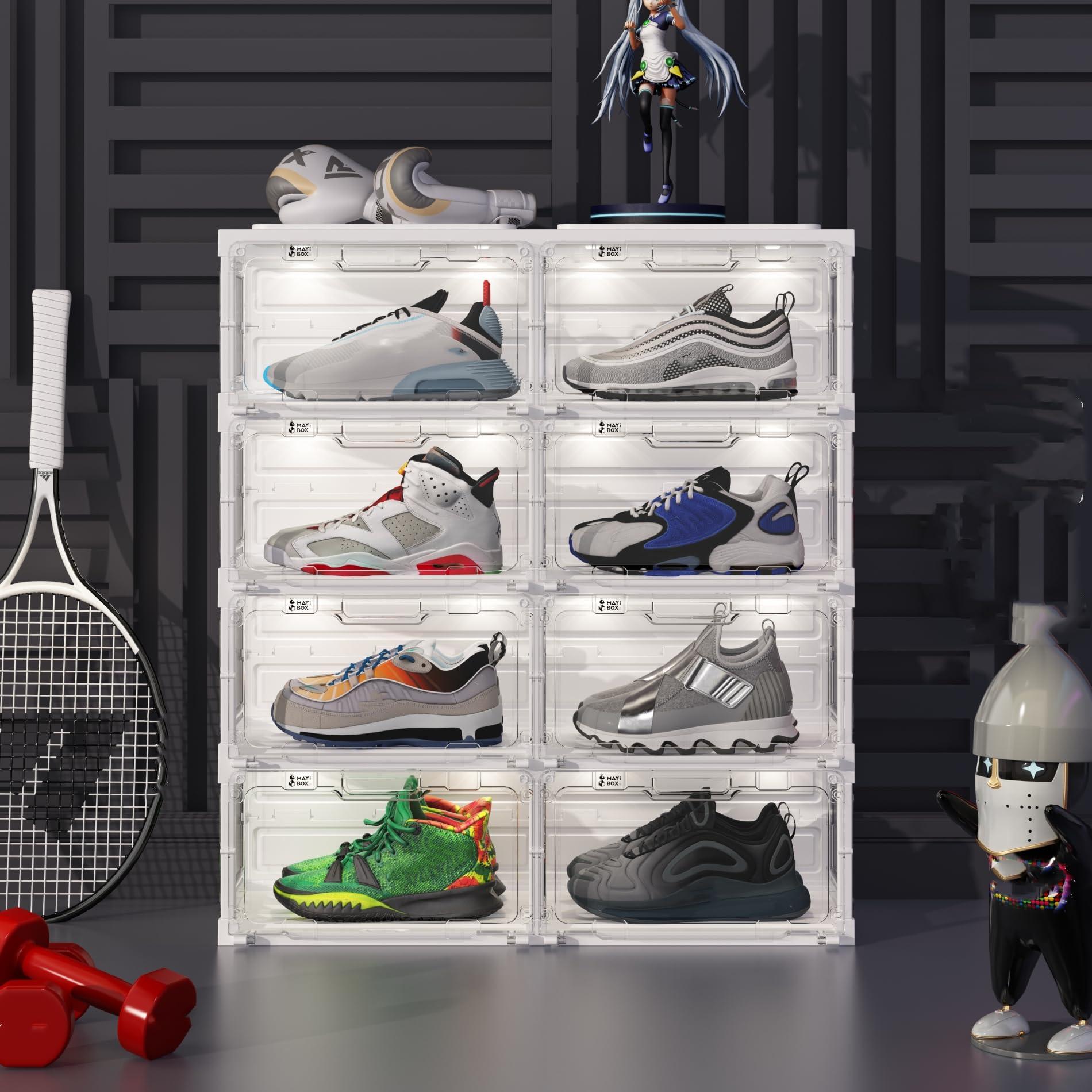 HGFSGGGREEHY Led Shoe Box Light,Foldable Stackable Sneaker Display Storage with Clear Side Open Door Organizer,Shoe Rack Organizer Cabinet,Voice Control 2 Rows 8 Layers (Transparently 1 Rows 6 Layers)