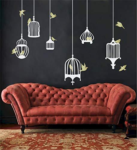 The Decal Guru 6 Birdcages and 12 Birds Vinyl Wall Decals DIY Removable Room Decor Sticker Art for Home Design (Gold & White, 48x58 inches)
