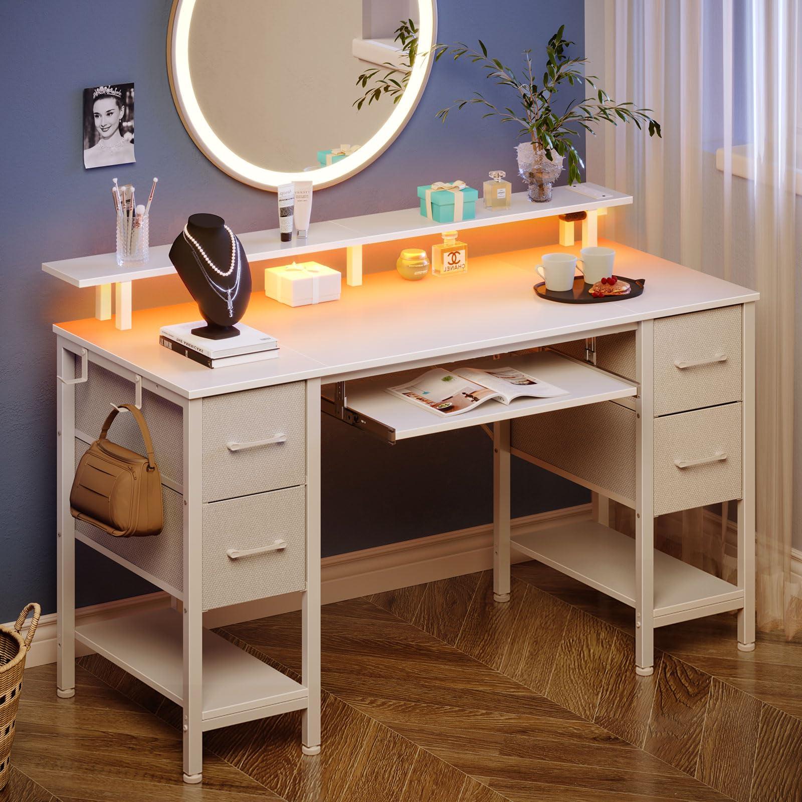 Seventable Seventable Computer Desk 55.1" with LED Lights & Power Outlets, Home Office Desk with 4 Drawers, Writing Desk with Keyboard Tray, Study Table with Monitor Stand, Work for Home Office, White