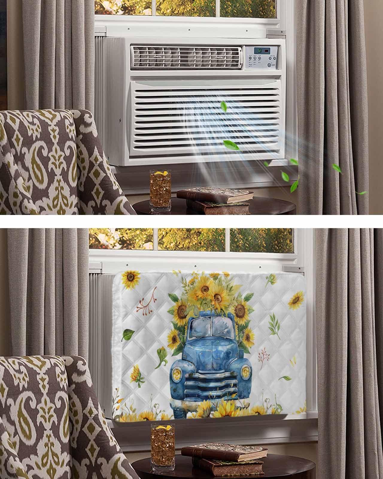 Falaniique Sunflower Indoor Air Conditioner Cover for Window Units, Double Insulation Adjustable Waterproof Indoor AC Cover with Elastic Straps 17'' x 13'' x 3.5'' Farmhouse Blue Truck Floral Modern White