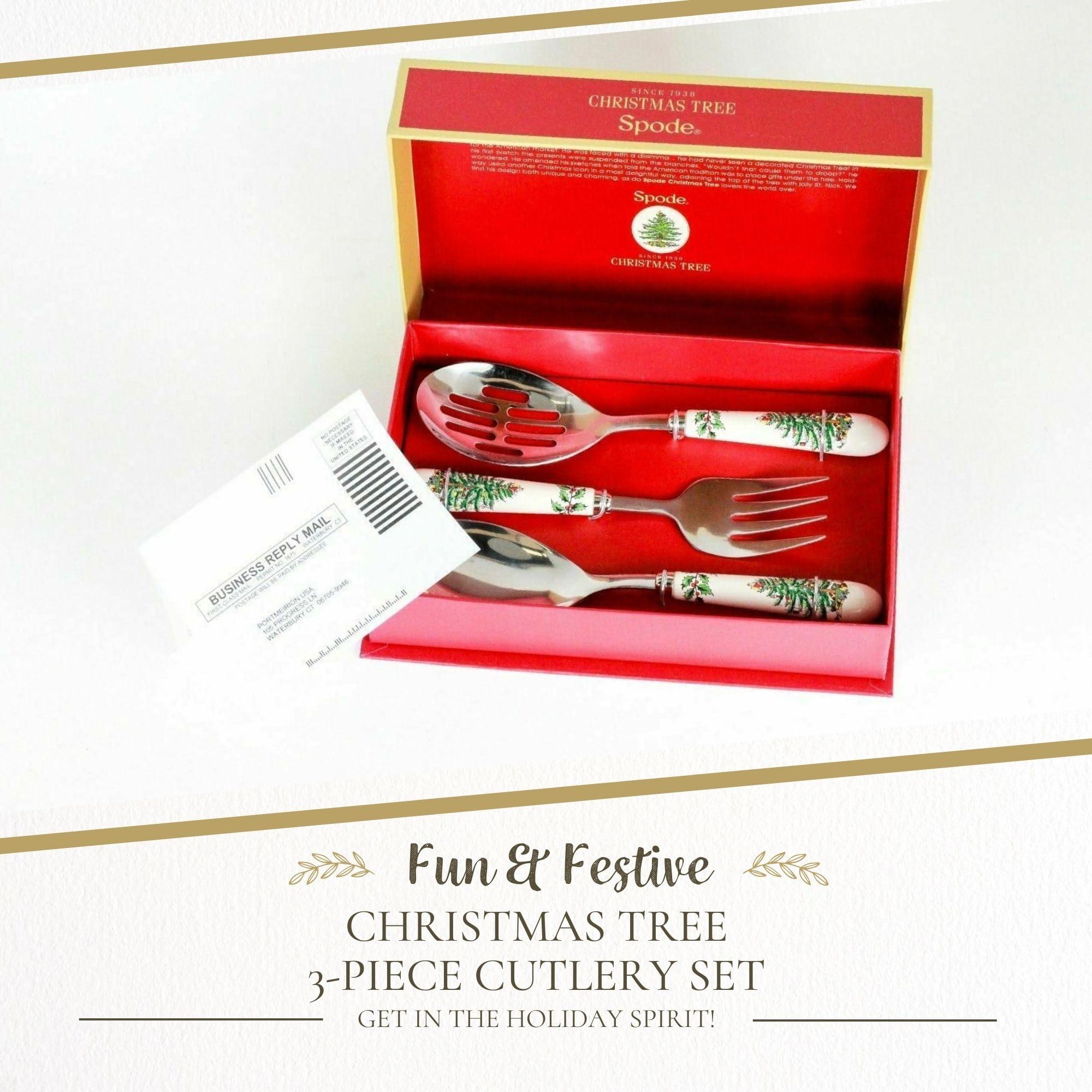 Spode Spode Christmas Tree 3-Piece Stainless Steel Cutlery Set - Porcelain Handle Flatware with Meat Fork, Serving Spoon, and Slotted Spoo - Holiday Silverware for Christmas Dinners & Seasonal Gatherings