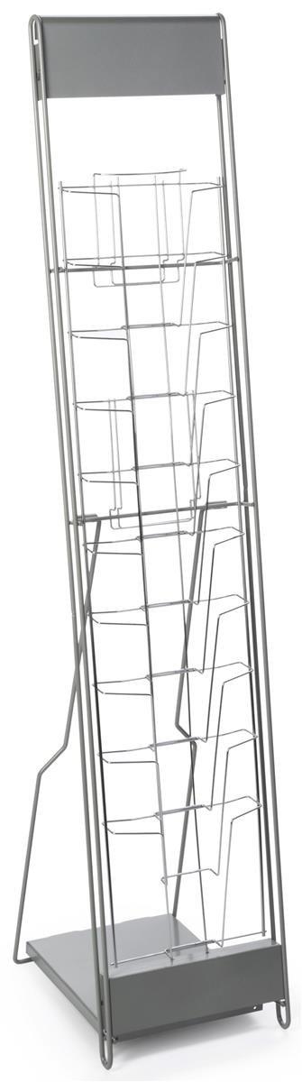 Displays2go Portable Literature Stand with 10 Pockets for 8.5x11 Magazines, Carrying Bag Included, 54\"h Floor-Standing Magazine Rack with Tiered Design, Steel (Silver)