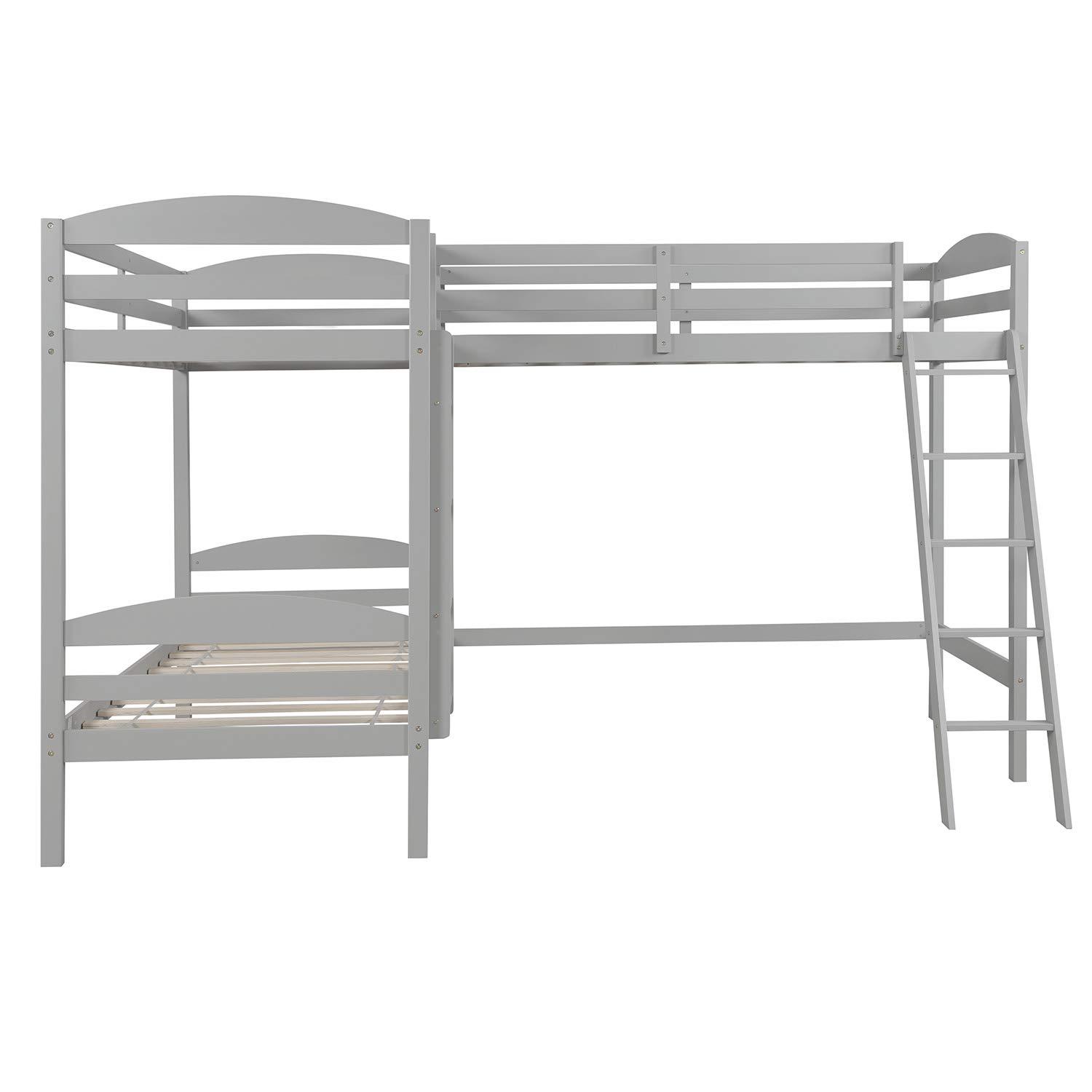 RUNNA Triple Bunk Bed Twin Size Wood L-Shaped Corner Bunk Bed Frame 3 Bed Bunk Loft Bed with Full Length Guardrails and Flat Ladder, 3 Bed Bunk, No Box Spring Needed (Gray+Wood)