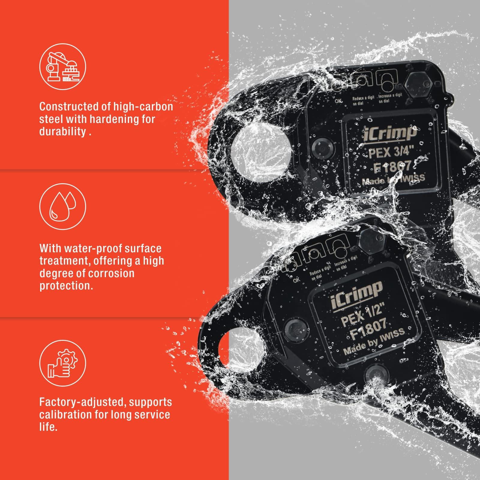 IWISS iCrimp Angle Head F1807 PEX Pipe Crimping Tool for Copper Rings - 1/2&3/4-inch Two Crimper Set with Cutter, Suitable for Tight Spaces