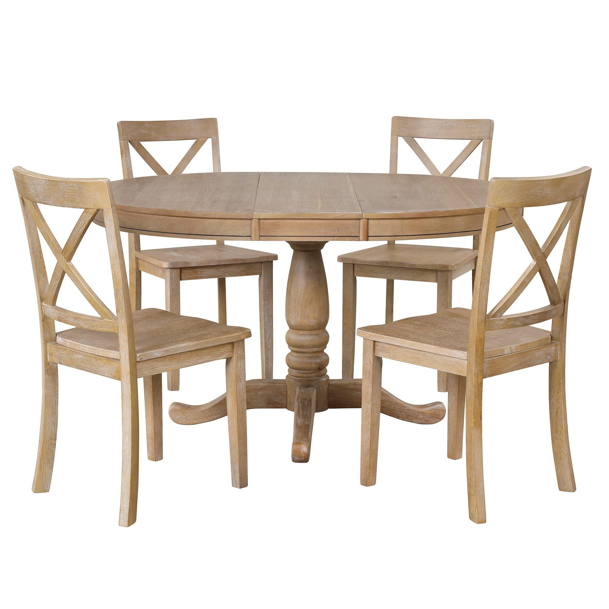 Merax Merax 5 Piece Extendable Dining Room Table Set Include Round Table and 4 Chairs Set 5 Piece Farmhouse Round Dining Set