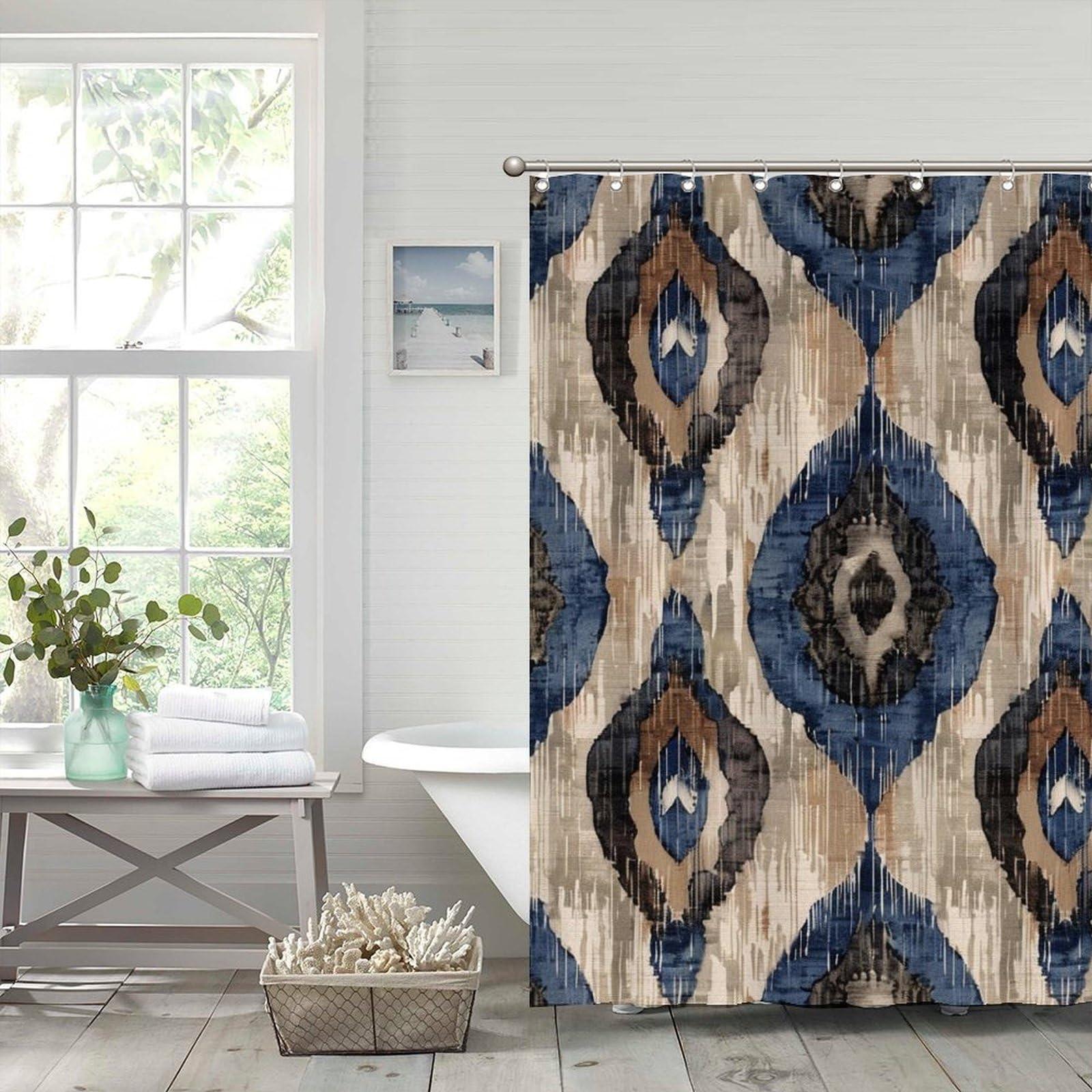 Yinrune Yinrune Indigo Ikat Abstract Blue Waterproof Polyester Fabric Shower Curtain with Hooks, 60x72 Inch Shower Curtains Bathroom Curtains Decor, Shower Curtain Sets Machine Washable