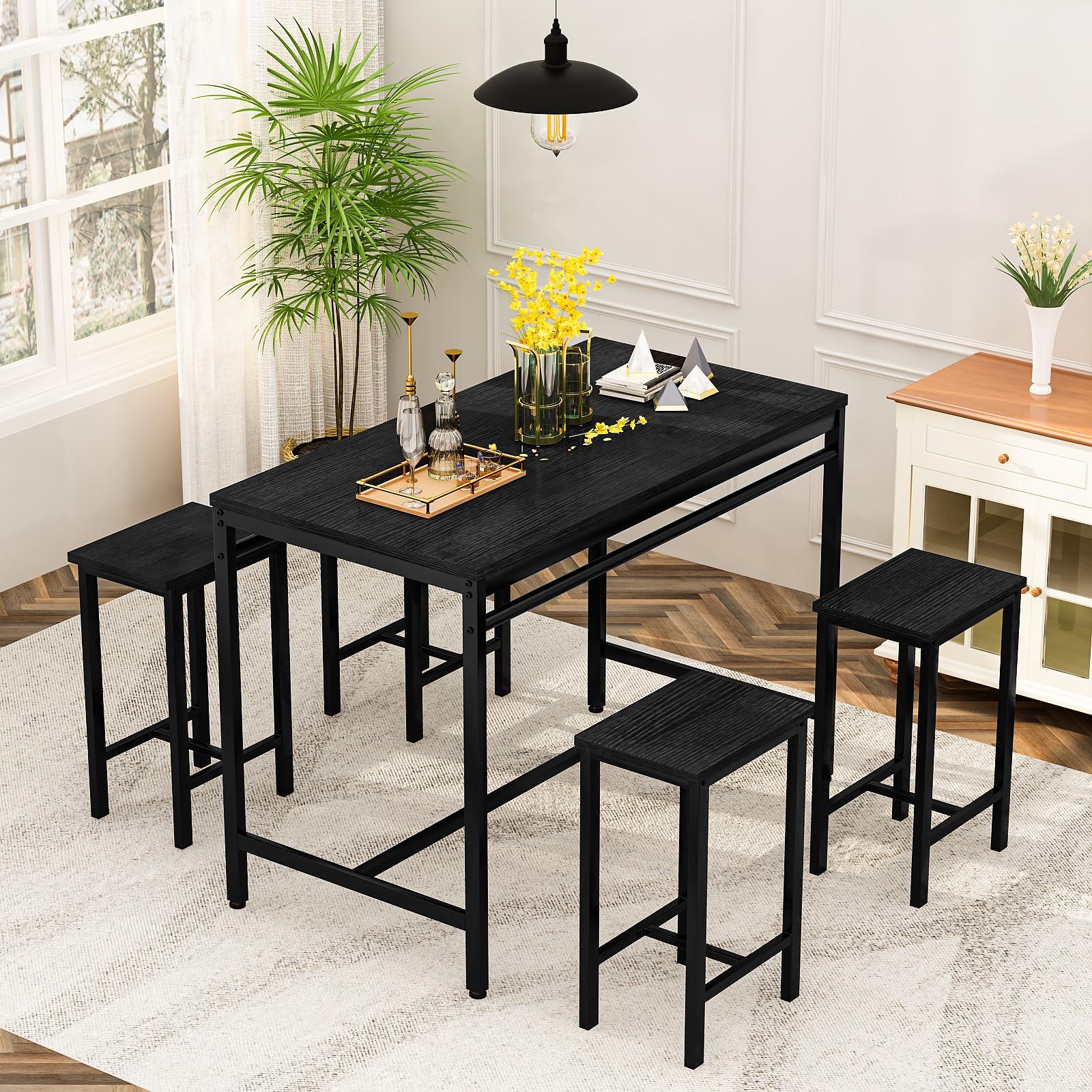 Lamerge Lamerge Dining Bar Table Set for 4, Modern Counter Height Table and 4 Bar Stools, 5 Piece Bar Table and Chairs Set for Small Spaces, Apartment, Pub, Dining Room, Kitchen (Black)