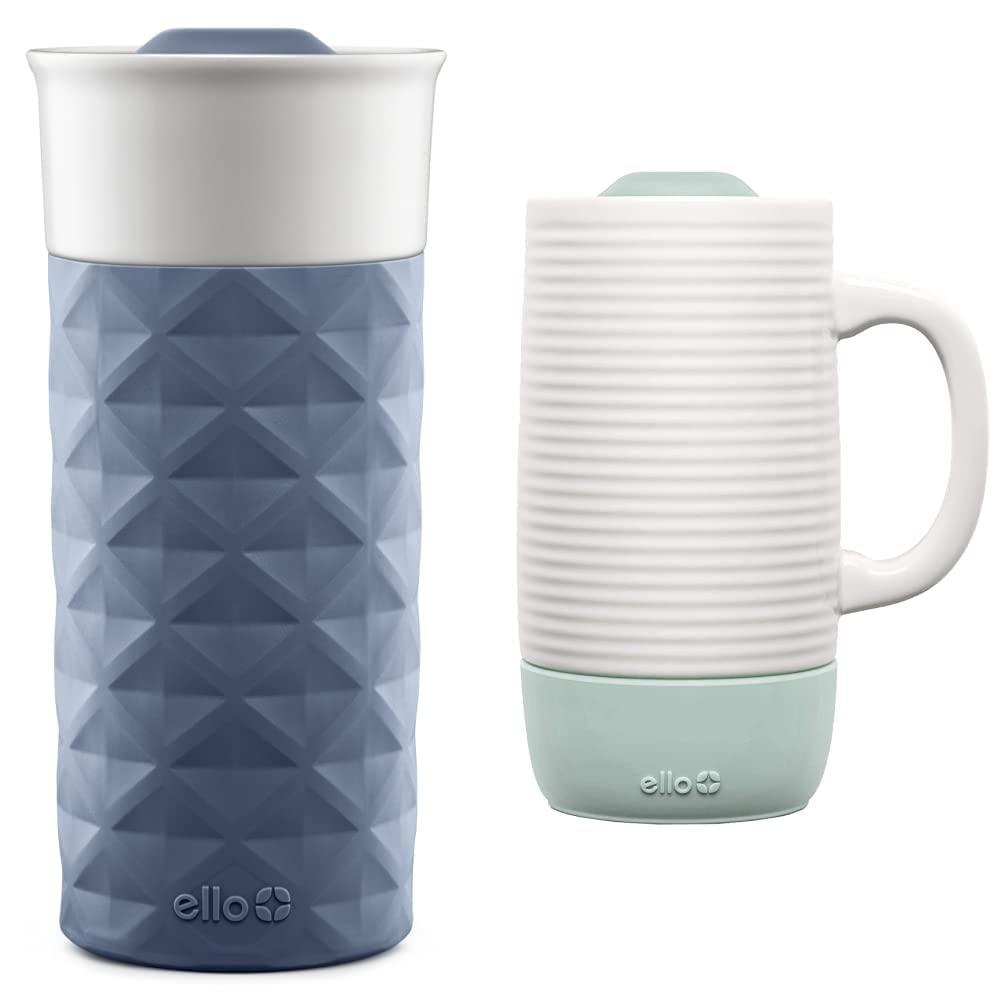 Ello Ello Jane 18oz Ceramic Travel Mug with Handle, Splash-Resistant Slider Lid and Built-in Coaster & Ogden BPA-Free Ceramic Travel Mug with Lid, Evening Blue, 16 oz