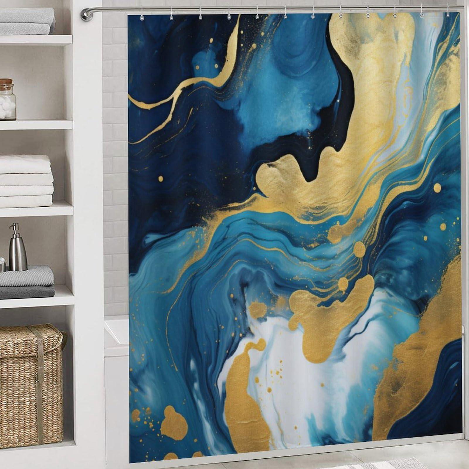 Dunmat Scandinavian Style Marble Shower Curtain 4 Piece Sets with Non-Slip Rugs,Toilet Lid Cover And Bath Mat Navy Blue Gold Fluid Abstract Modern Waterproof Shower Curtain with 12 Hooks Bathroom Set Home De