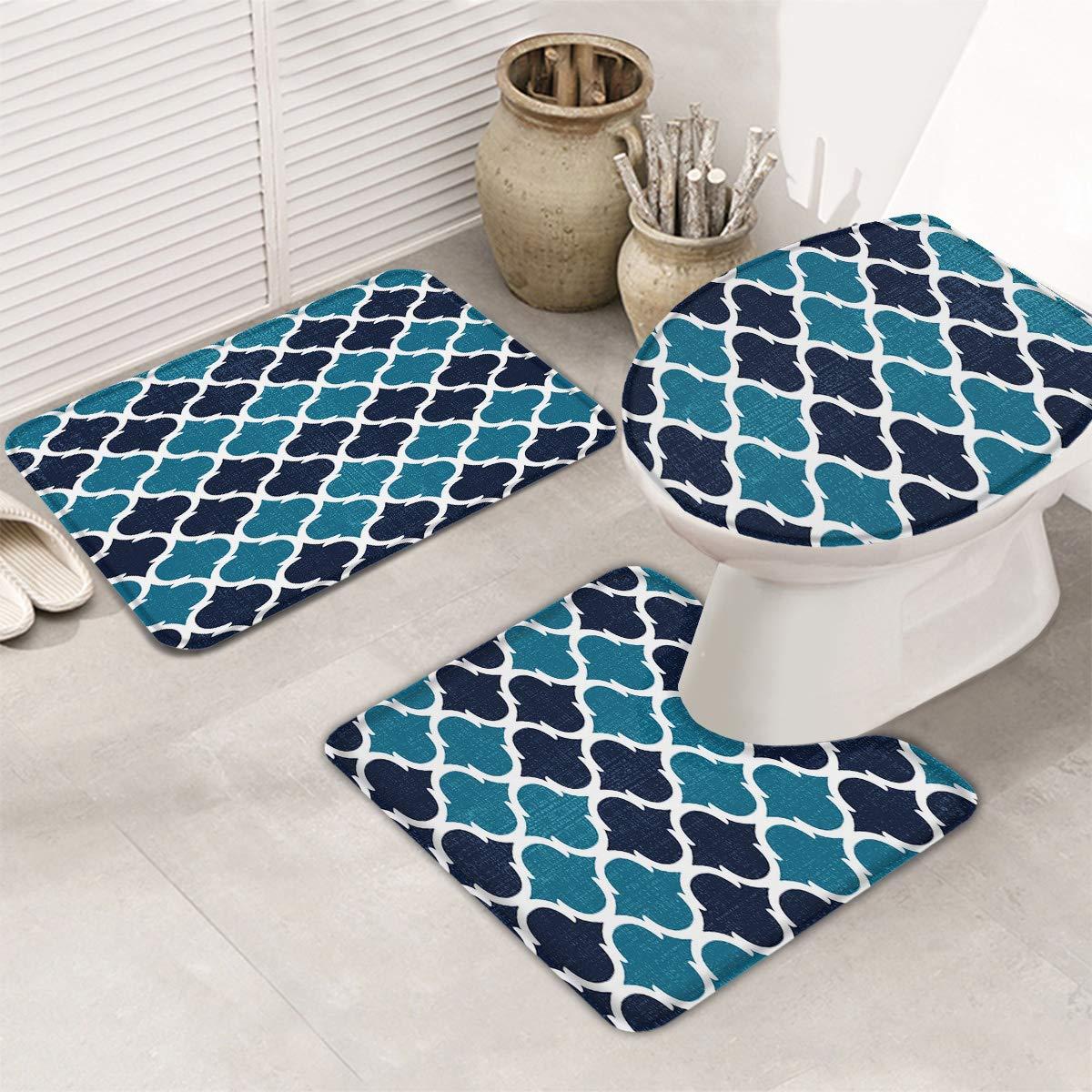 Heart Pain Heart Pain Bathroom Rug Set 3 Piece Morocco Lido Qua-Trefoil Geometric PatternBlue Navy Non-Slip Backing Bathroom Mat Anti-Skid U-Shape Contoured Toilet Mat Absorbent Toilet Seat Cover