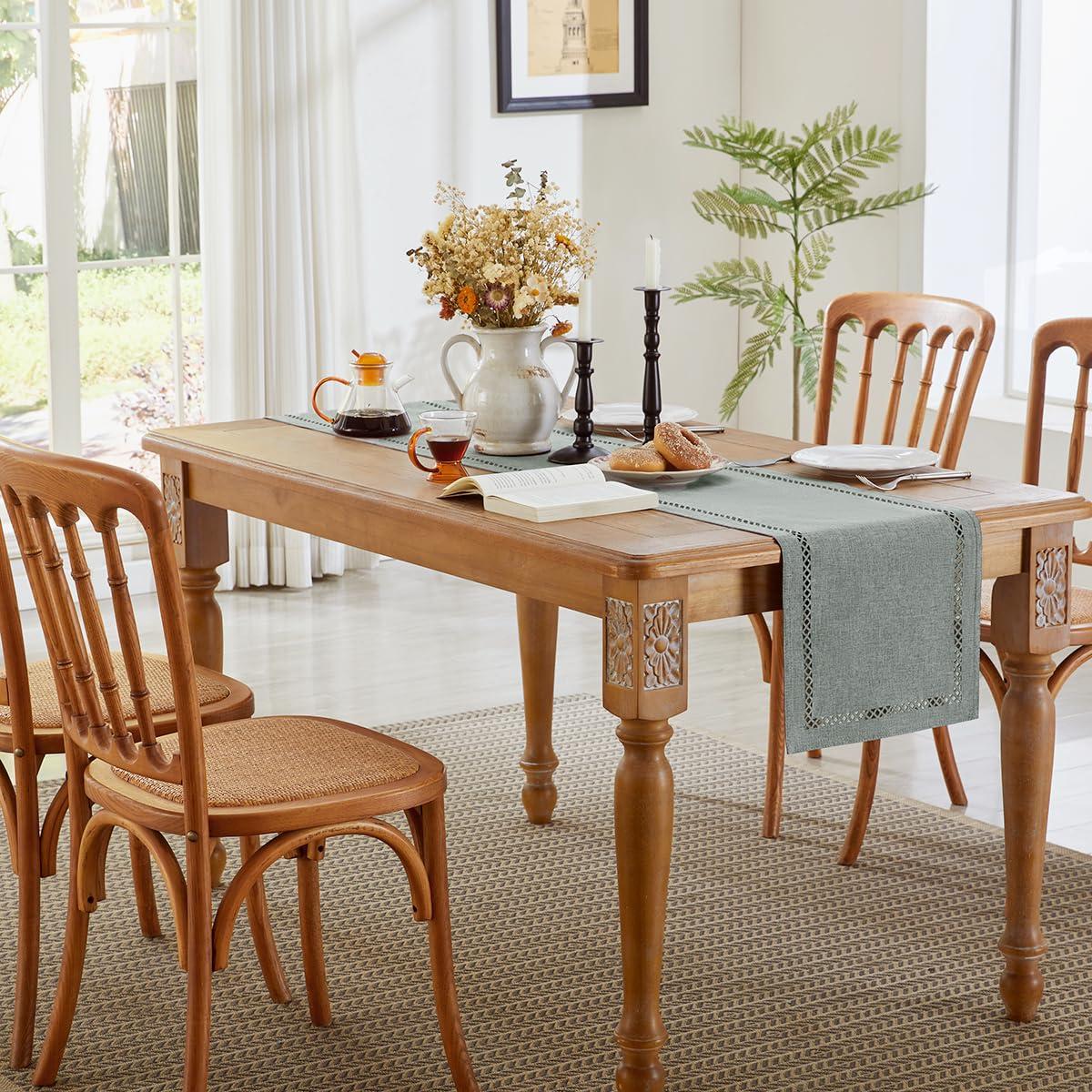 Aoztio Aoztio Burlap Style Farmhouse Table Runner, 13 x 36 Inch Grey, Rustic Geometric Hollow Table Runners 36 Inches Long for Dresser Table Everyday Use, 13x36 Inches, Grey