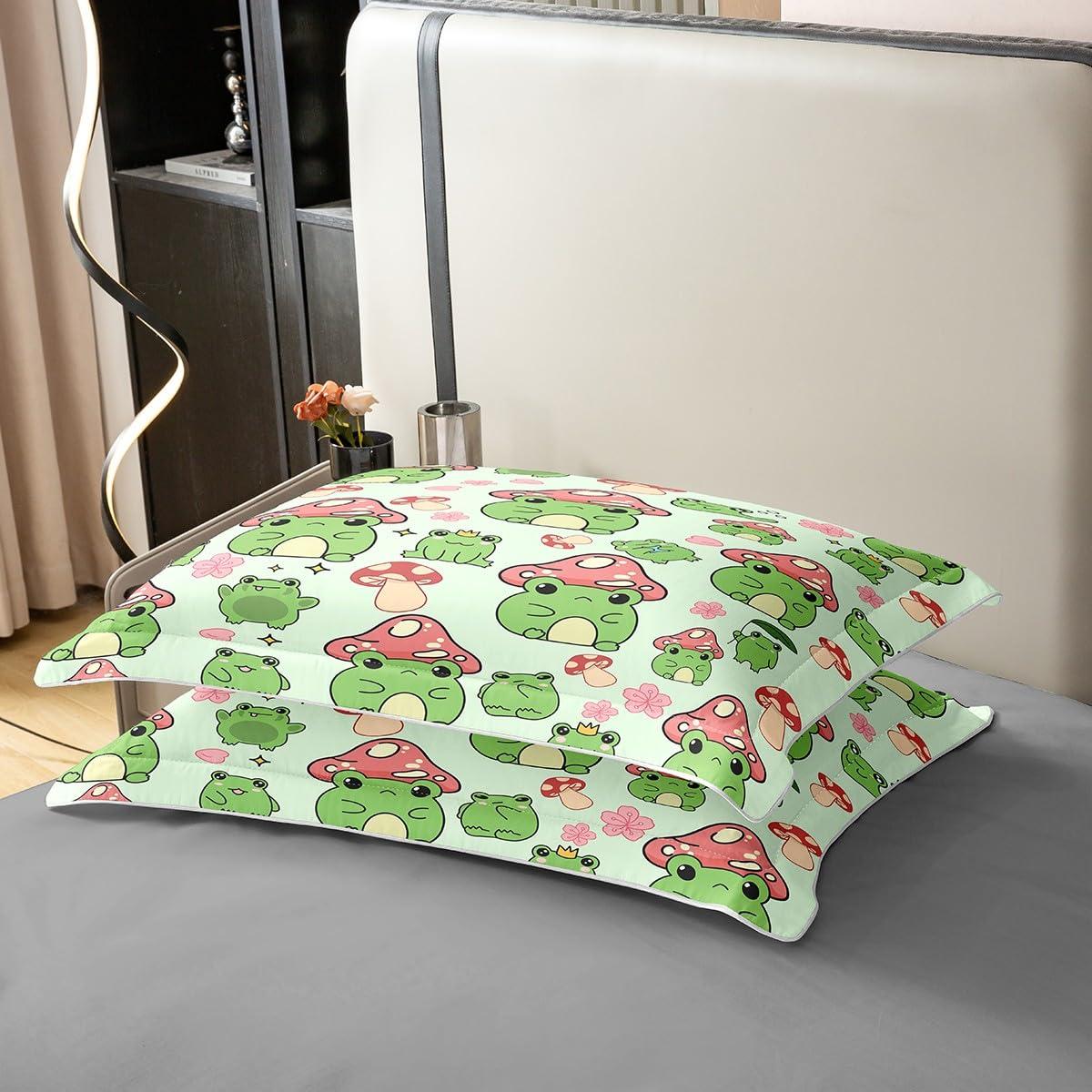 Castle Fairy Mushroom Frog 100% Organic Cotton Comforter Cover Cute Mushroom Duvet Cover Set Queen Size for Bedroom Cartoon Animals Plants Bedding Set with 2 Pillowcases(Not Comforter)