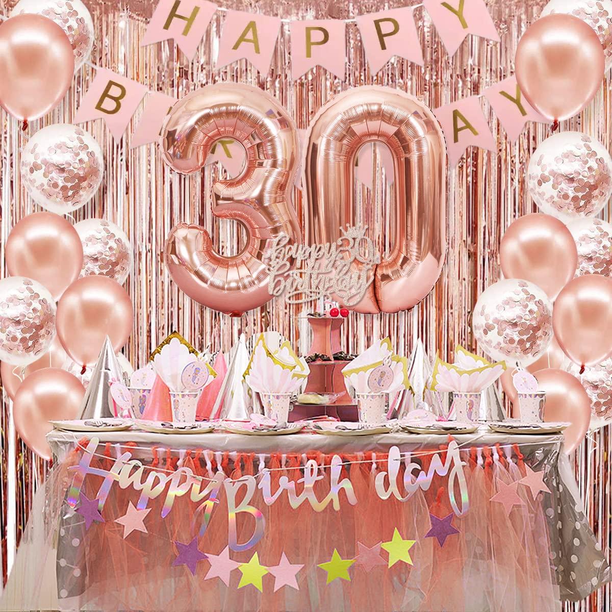 PopularLdo 30th Birthday Decorations for Her, Happy 30th Birthday Banner, Crown, Sash, Cake Topper and Number Balloon, Rose Gold 30th Birthday Party Decorations for Women