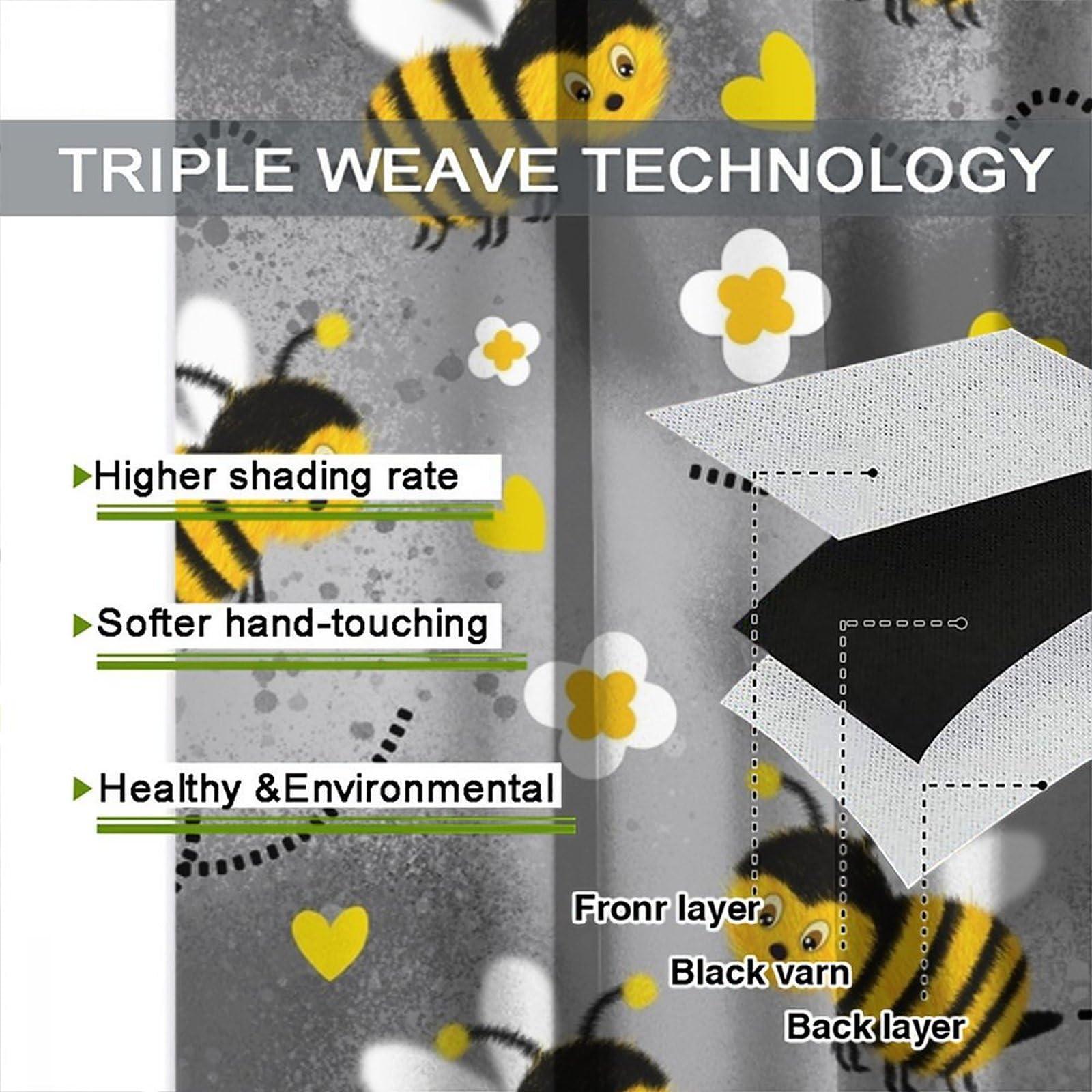 HZOHNAGO HZOHNAGO Bee Curtains Cute Bees White Flowers Grey Blackground Blackout Print Rod Pocket Window Drapes for Bedroom Living Room 84x84in