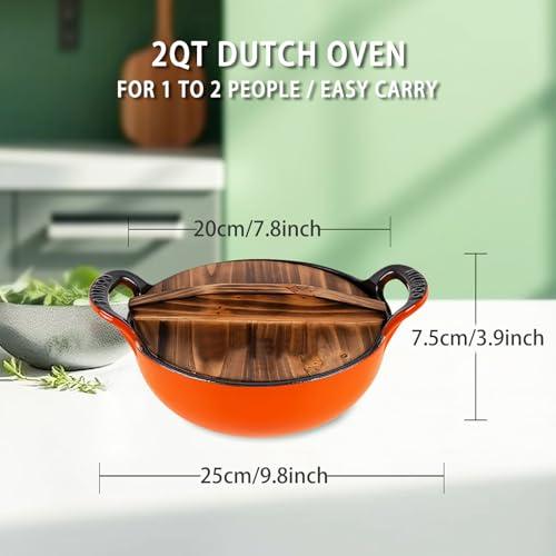 AILIBOO AILIBOO 2 Quart Dutch Oven Pot Round Cast Iron Enamel Cookware with Wooden Lid Soup Pot Mini Soup Pots- orange