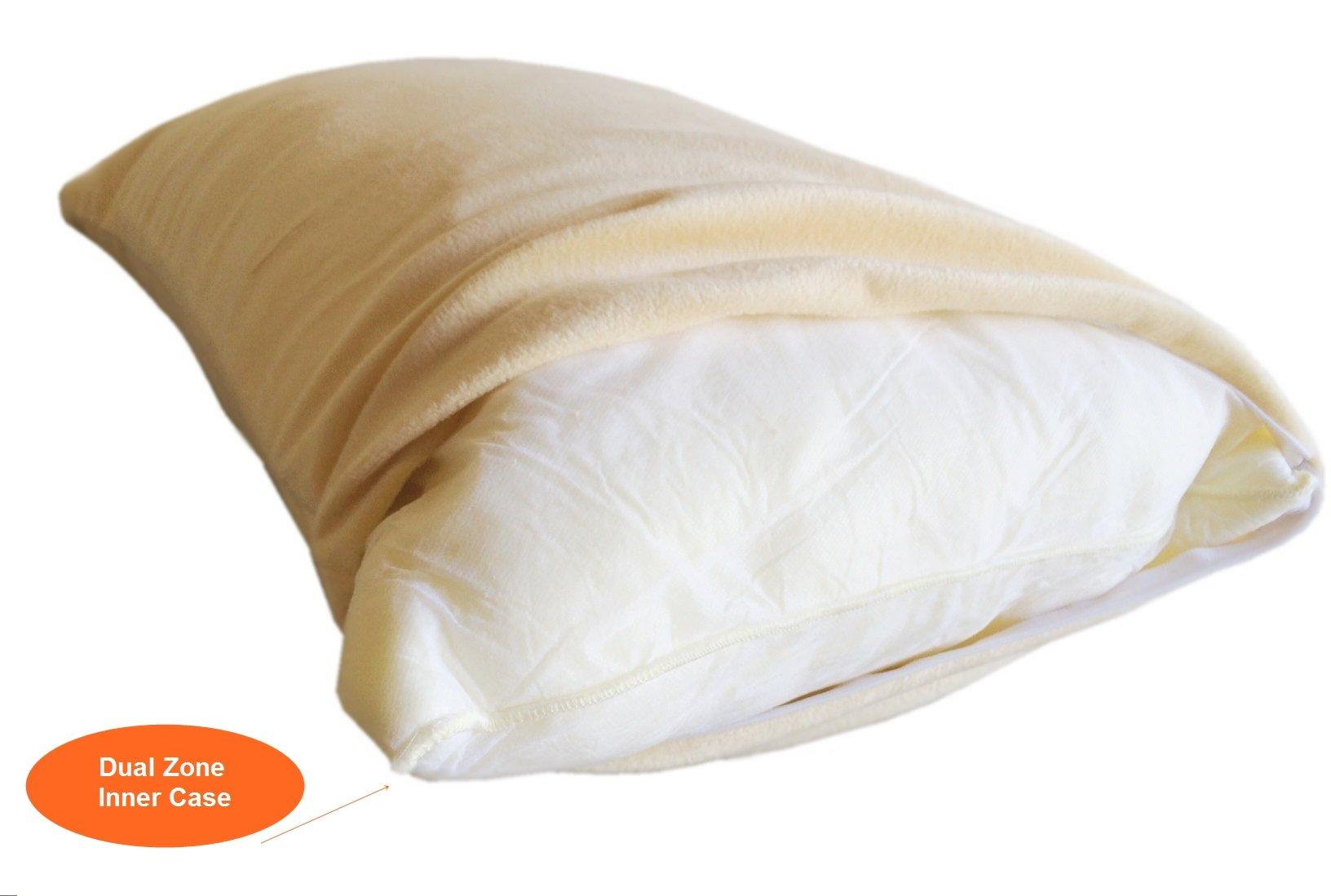 eConsumersUSA Micro Cushion Gel Memory Foam Queen Bed Sleep Firm Pillow Dual Zone Case with Beige Plush Velour Luxurious Comfort Cover