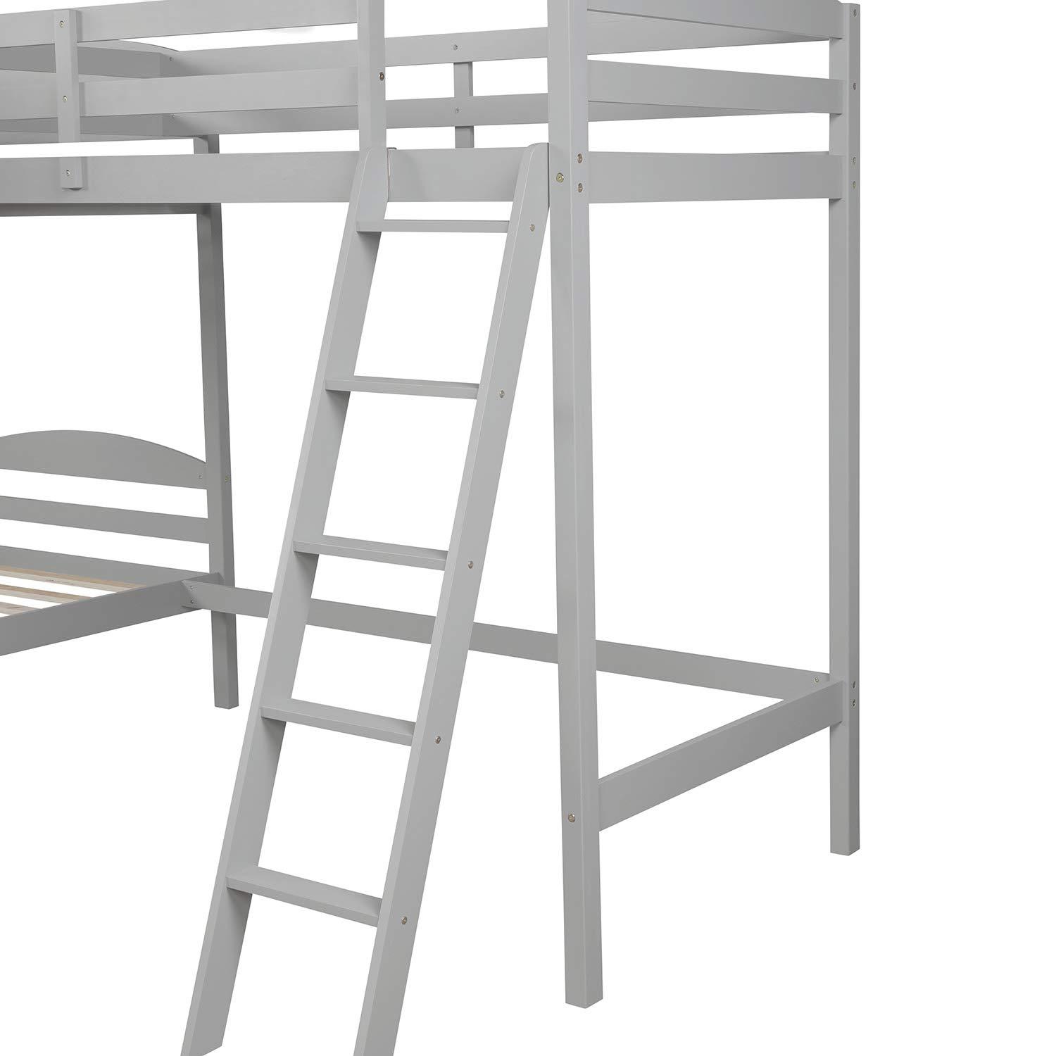 RUNNA Triple Bunk Bed Twin Size Wood L-Shaped Corner Bunk Bed Frame 3 Bed Bunk Loft Bed with Full Length Guardrails and Flat Ladder, 3 Bed Bunk, No Box Spring Needed (Gray+Wood)