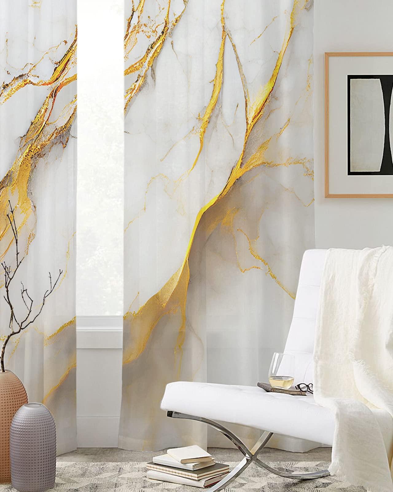 Homechoid Marble Gold Grey Sheer Curtains 45 Inches Long 2 Panel Set, Modern Abstract Minimalist Art Light-Filtering Semi Sheer Drapes Window Curtains for Living Room/Bedroom 52x45x2
