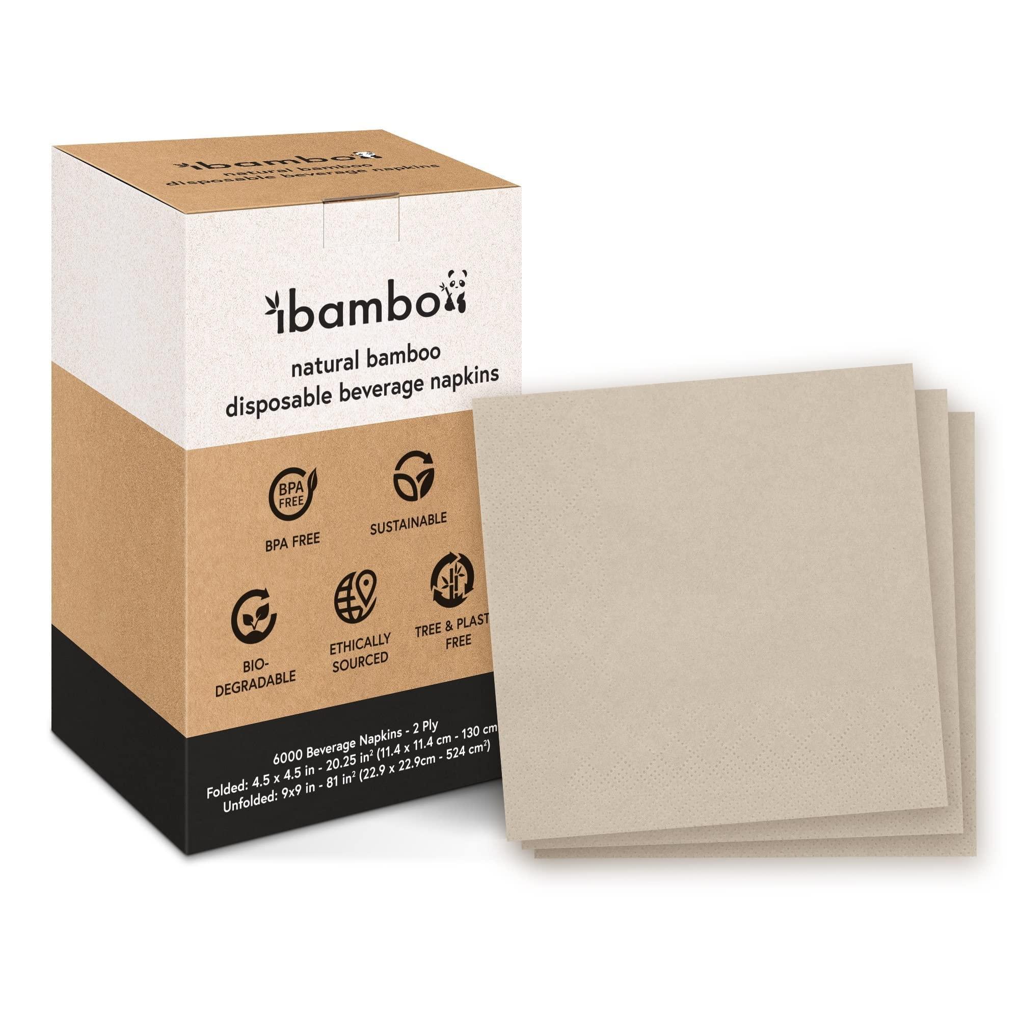 Ibambo Ibambo 6000 Pack 100% Bamboo Cocktail Napkins - 2-Ply FSC Certified Beverage Napkins | Bar Napkins for Home or Commercial Use - 4.5x4.5 Inch Folded Drink Napkins | Disposable Napkin for Serving Drinks