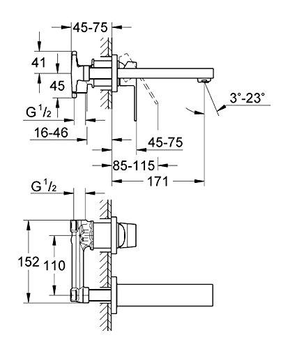 GROHE GROHE 2-Loch-Waschtisch Wandbatterie Eurocube FMS für 23200 Ausladung 170mm chrom 19895000