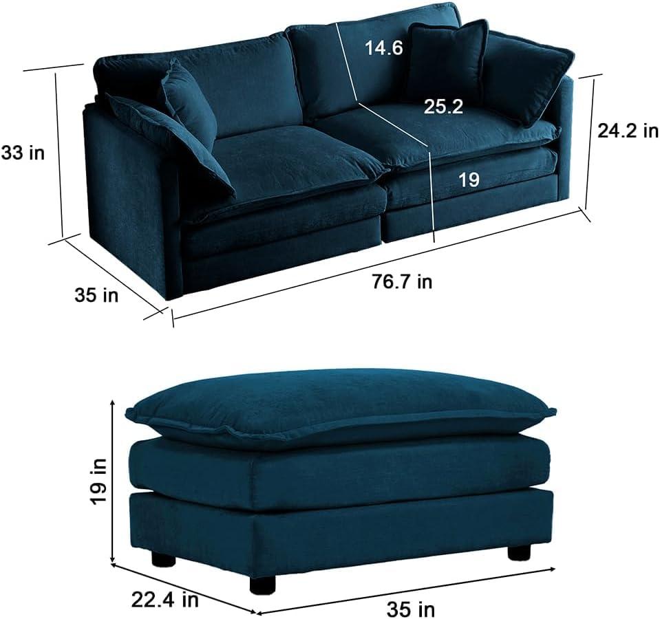 SCANORDIC SCANORDIC 76.7" Modular Sectional Sofa, 3 Seater L-Shaped Sectional with Ottoman and Pillows, Modern Minimalist Soft Sofa & Couch for Living Room,Blue