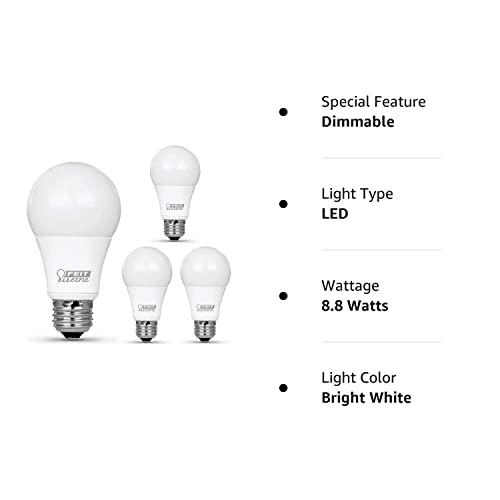 Feit Electric Feit Electric A19 LED Light Bulb, 60W Equivalent, Dimmable, 800 Lumens, E26 Medium Base, 3000K Bright White, CRI 90, 25,000 Hour Lifetime, UL Listed, Damp Rated, 4 Pack, OM60DM/930CA/4