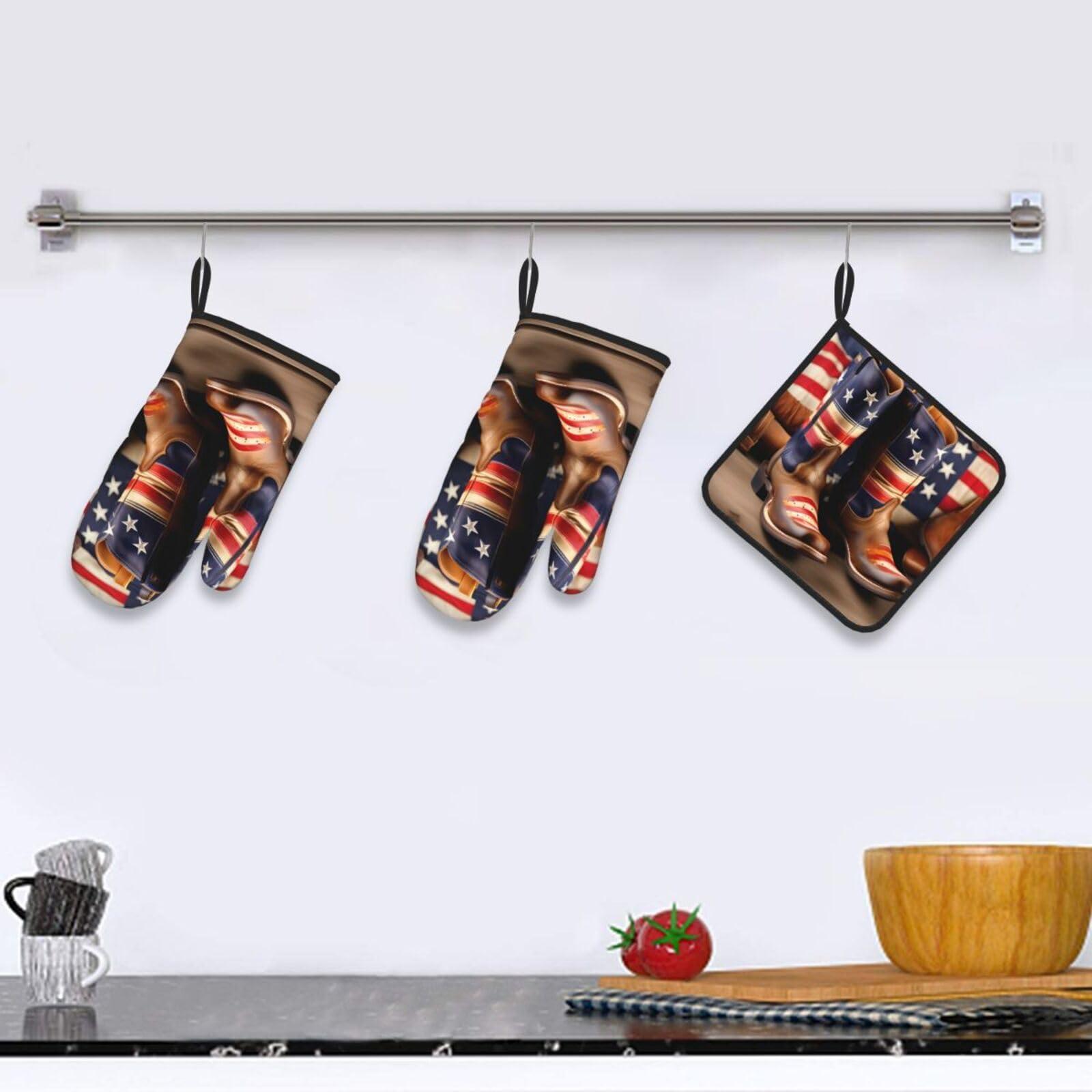 ZISHAK American Flag with Cowboy Boots Oven Mitts and Pot Holders SetUltimate Heat Resistant Set for Kitchen and Dining