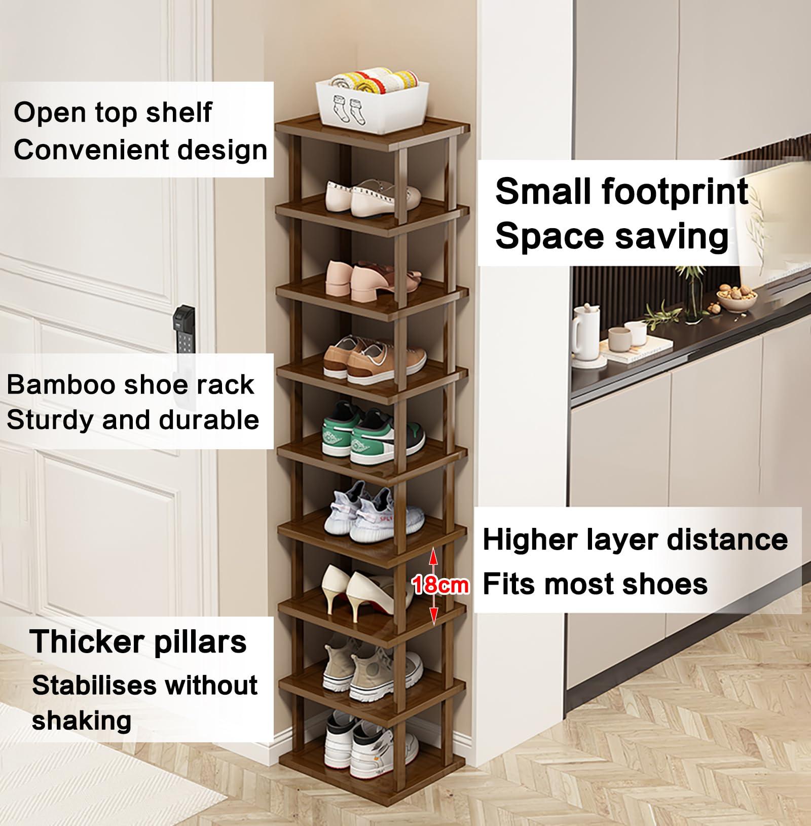 DOUZIO DOUZIO Narrow Shoe Rack, Bamboo Tall Shoe Rack Space Saving Corner Shoe Organiser Slim Shoe Shelf Vertical Shoe Stand for Entryway Living Room(Size:3 Tiers,Color:25cm)