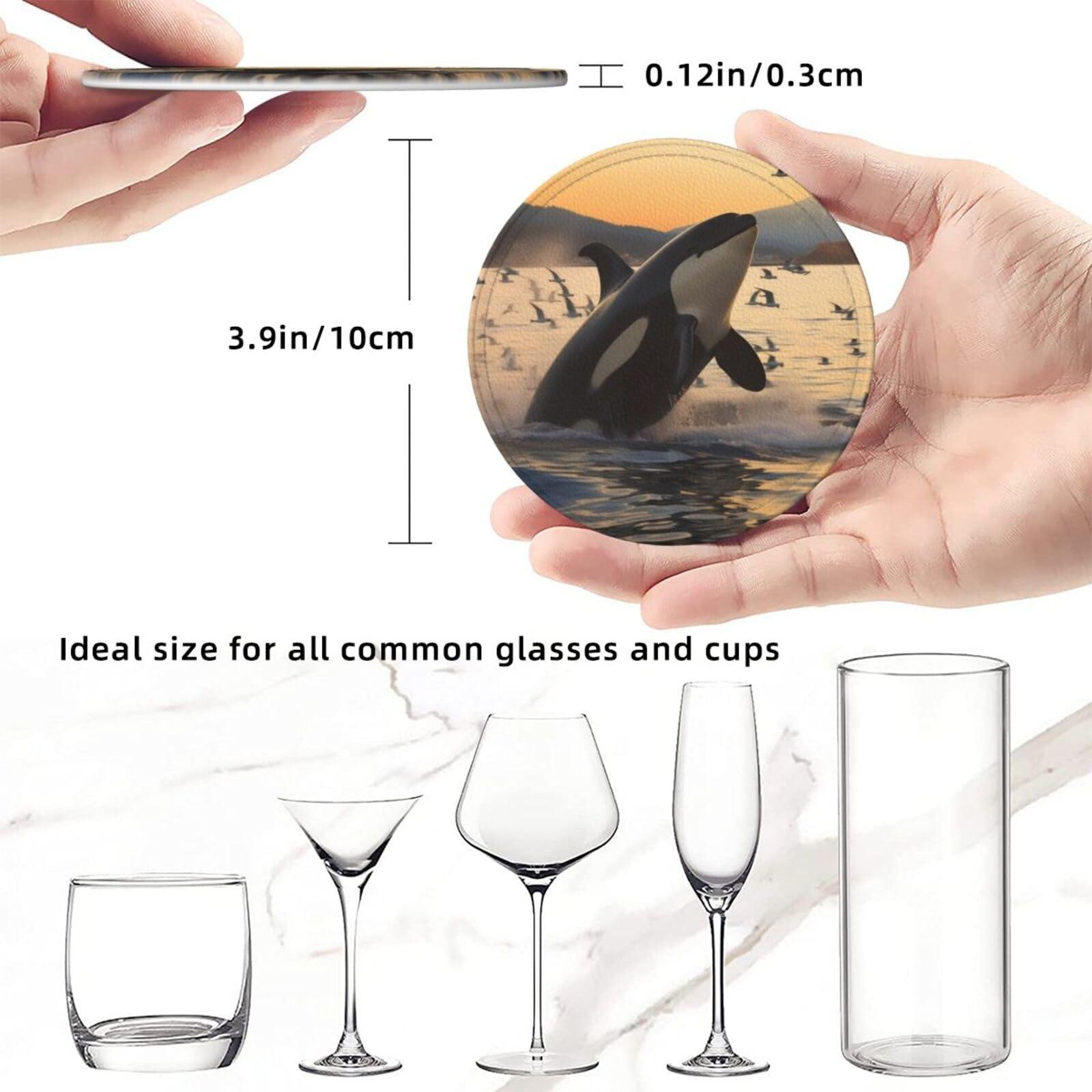 ZLYYXY Stylish Coasters - Killer Whale Set of 6 Round Leather Drink Coasters with Holder - Perfect Size for Cups and Glasses