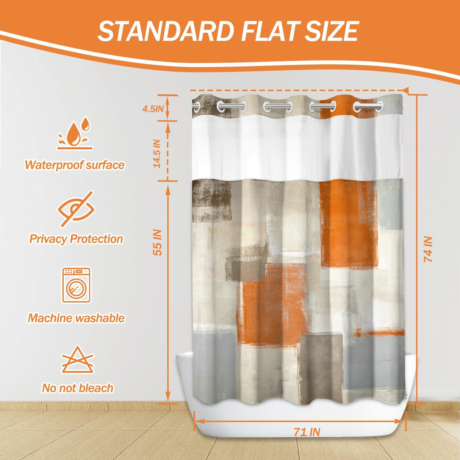 Lnond Lnond No Hook Shower Curtain with Snap in Liner, Abstract Hookless Shower Curtain, Orange Grey Shower Curtain No Hooks,Machine Washable, 71\" (W) X 74\" (H)