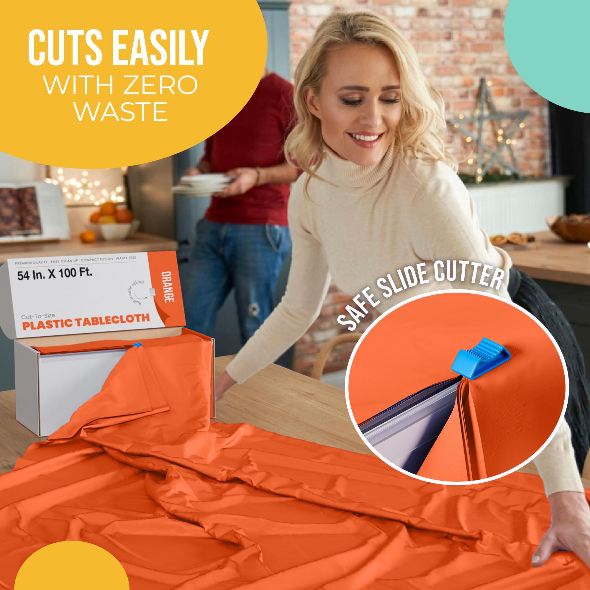 Exquisite Exquisite 54 Inch X 100 Feet Orange Plastic Table Cover Roll in A Cut - to - Size Box with Convenient Slide Cutter. Cuts Up to 12 Rectangle 8 Feet Plastic Disposable Tablecloths