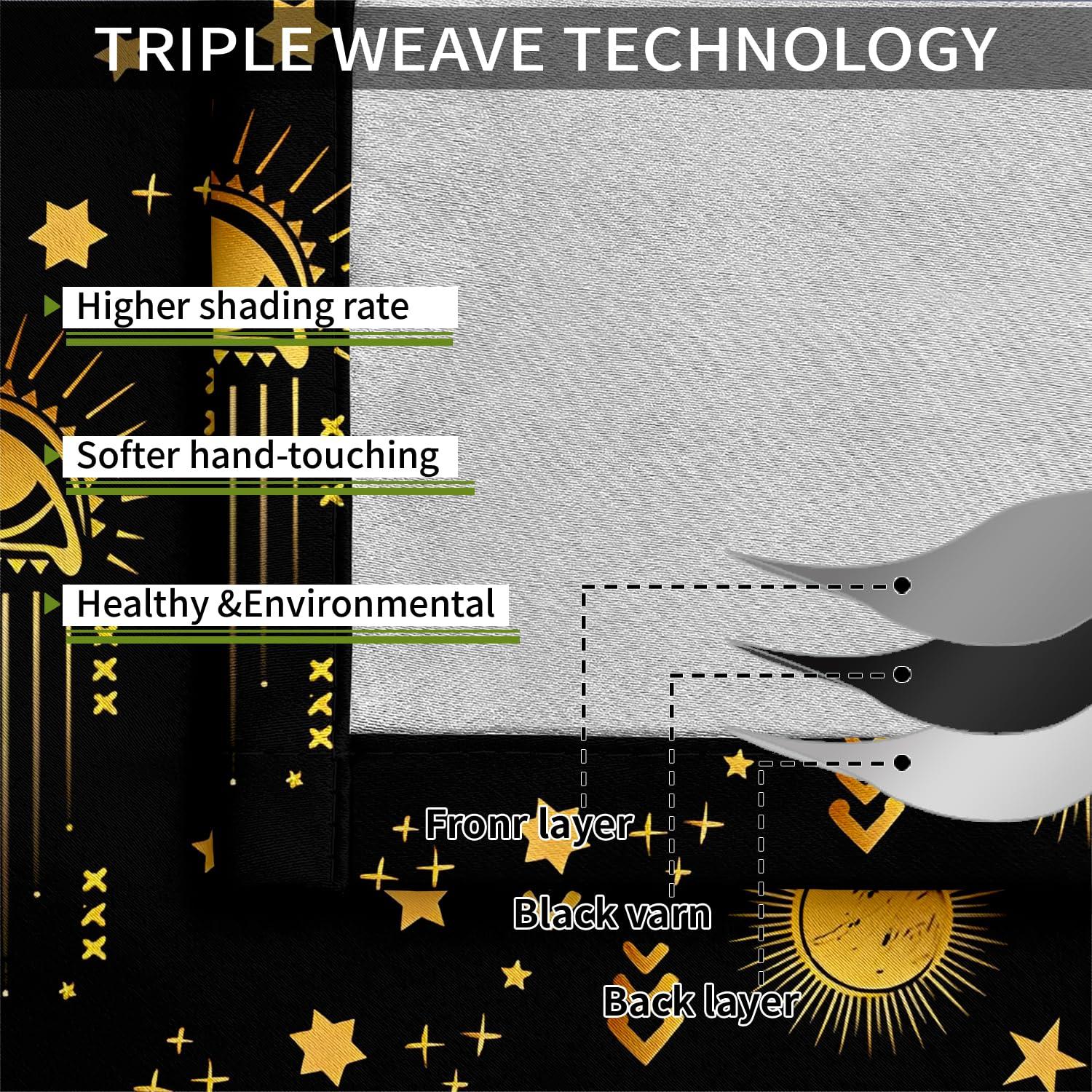 PFFM Black Gold Celestial Curtains Blackout, Moon Phase Celestial Sun Stars Goth Mystic Art Grommet Curtains, Light Reducing Thermal Insulated Window Curtains for Bedroom-21 W X 45" L X 2 Panels