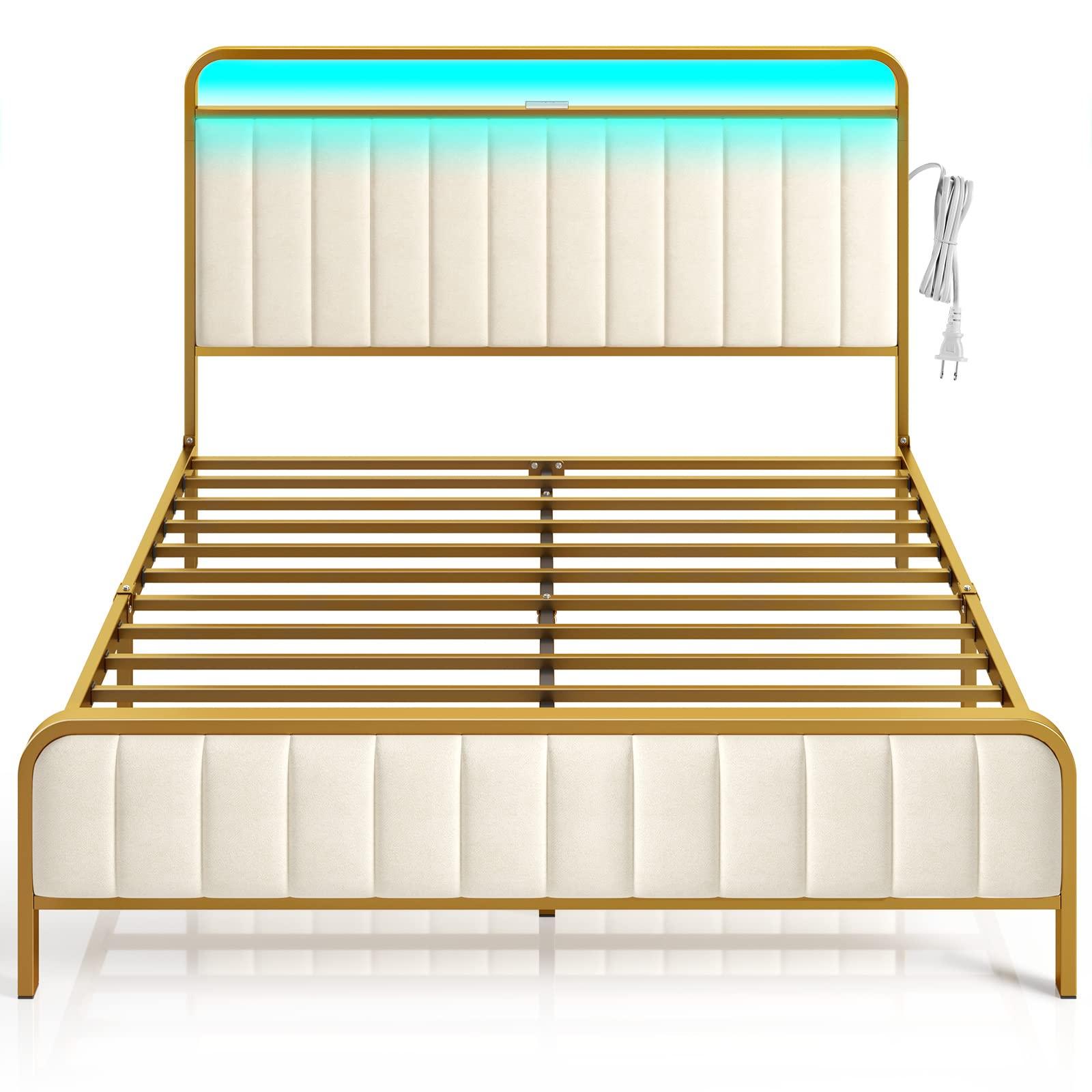 Rolanstar Rolanstar Queen Size Bed Frame with LED Light and Charging Station, Upholstered Headboard and Footboard, Metal Slat, Noise Free, Easy Assembly, Golden