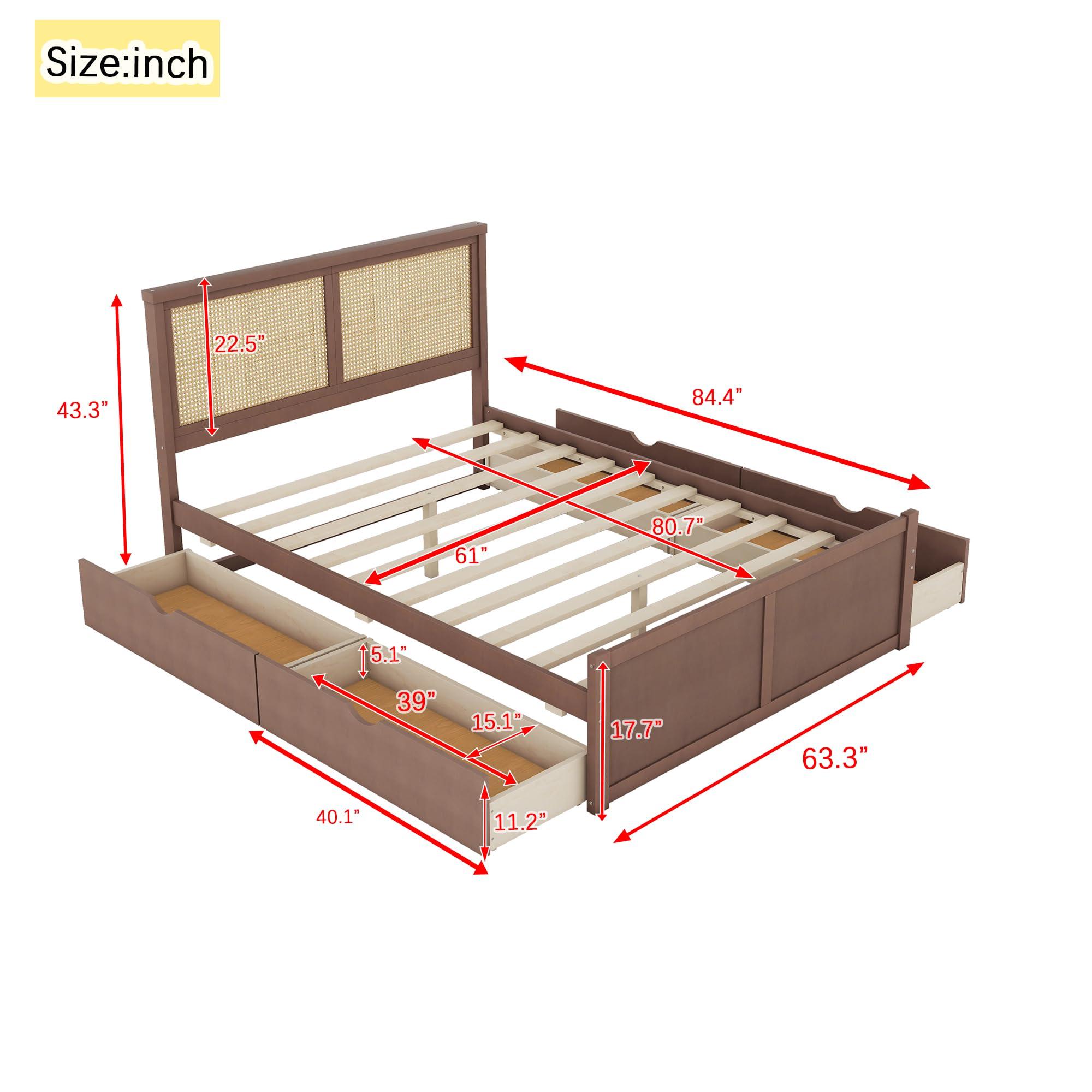 RuiSiSi RuiSiSi Queen Size Wooden Bed Frame with 4 Storage Drawers, Platform Bed with Rattan Headboard, for Bedroom, Espresso