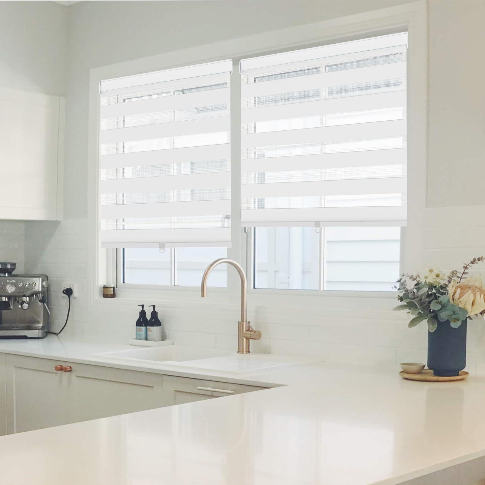 Tsemrec Zebra Blinds for Windows Cordless Window Shades Day and Night Roller Shades Dual Layer Sheer Roller Blinds for Living Room,Bedroom,Easy to Install[White,53" Customize]