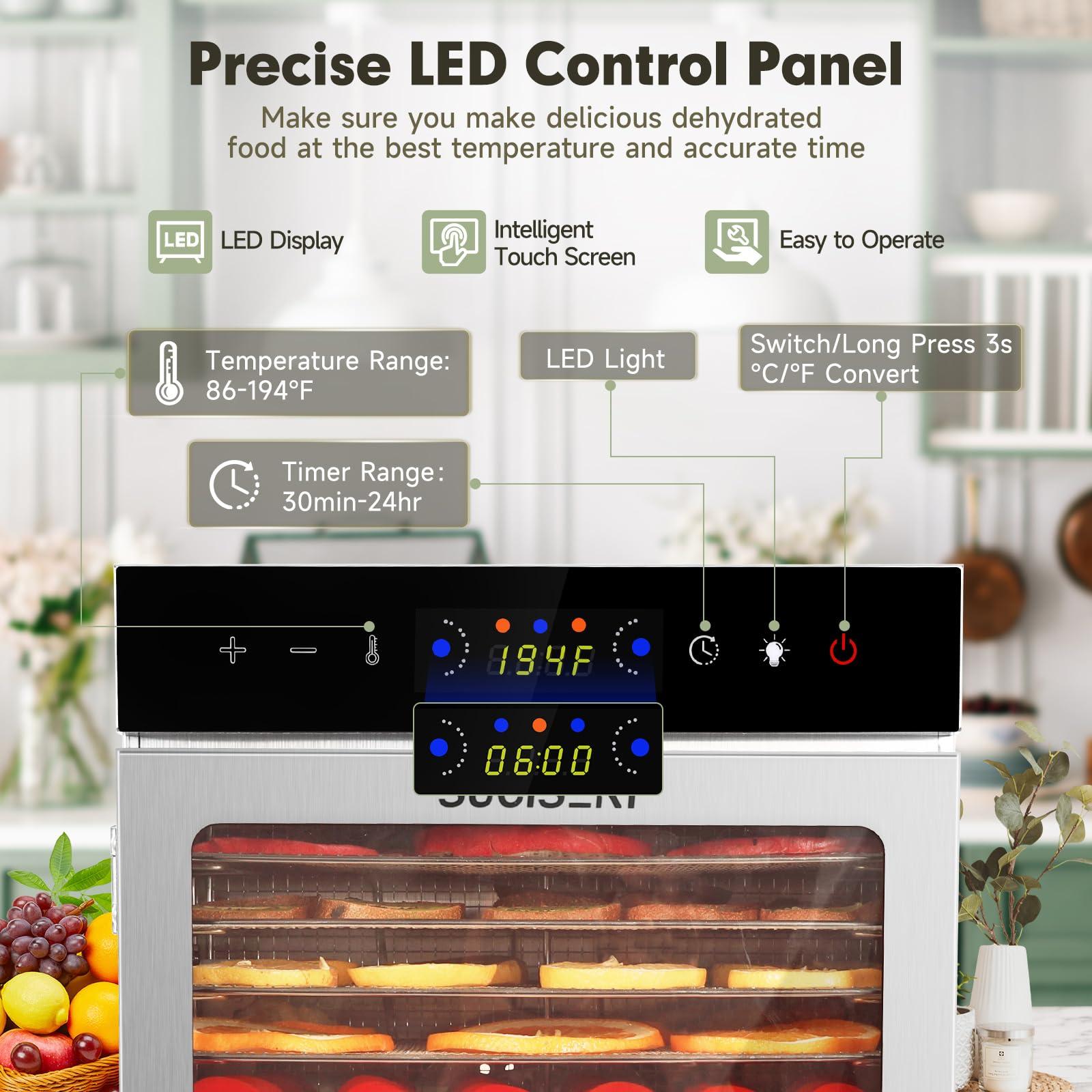SUCISENI SUCISENI Commercial Food Dehydrator Machine 800W 18 Trays Stainless Steel Food Dehydrated Dryer with 24H Timer Touch-Control LED Display Over Heat Protection for Jerky Herbs Meat Beef Fruit Vegetables