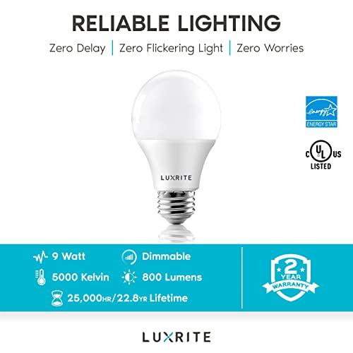 LUXRITE LUXRITE A19 LED Bulb 60W Equivalent, 5000K Bright White, 800 Lumens, Dimmable Standard LED Light Bulbs 9W, Enclosed Fixture Rated, Energy Star, E26 Medium Base - Indoor and Outdoor (6 Pack)