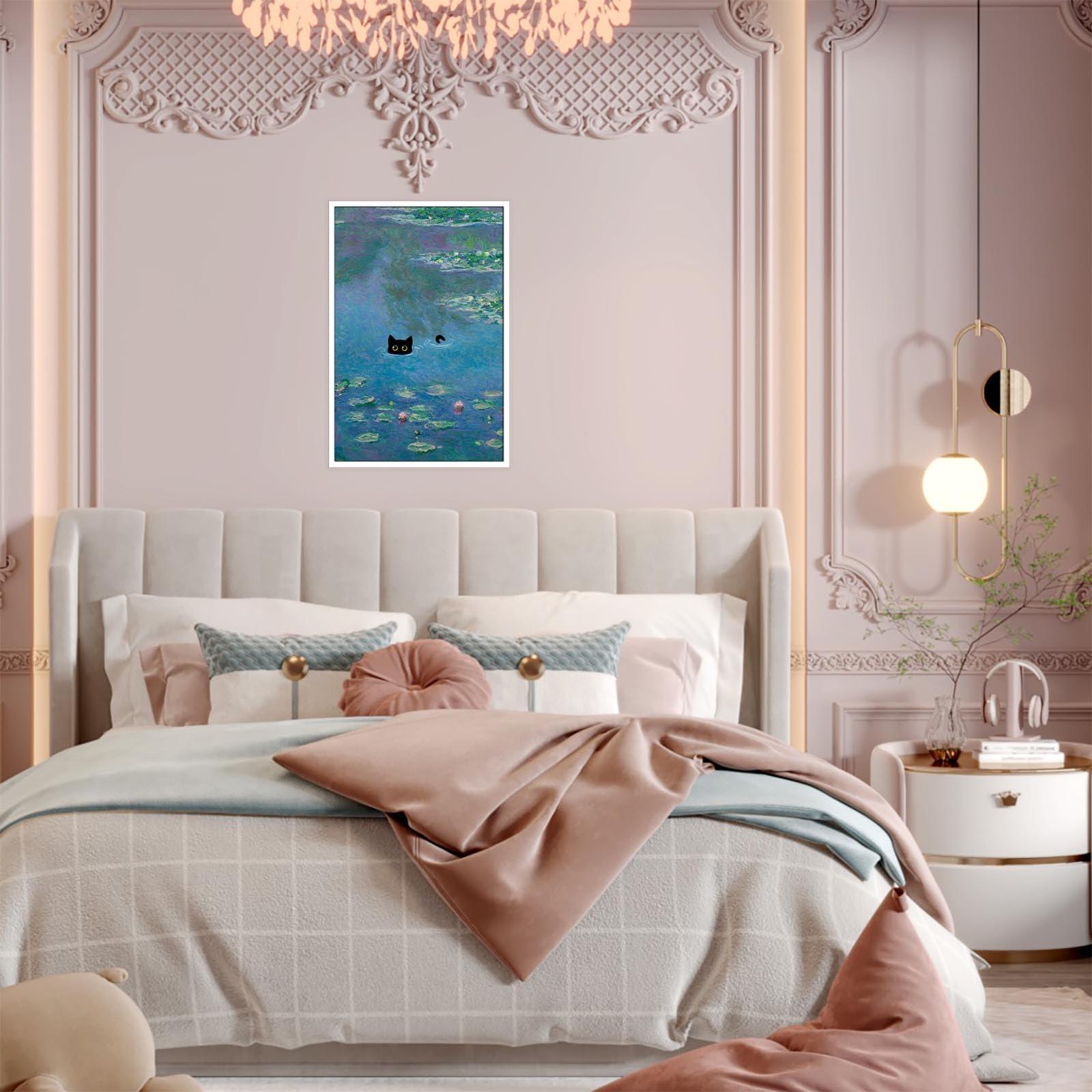 YODOOLTLY YODOOLTLY Retro Canvas Monet Waterlily Cat Print Posters Funny Water Lillies Black Cat Prints Painting Eclectic Cute Preppy Aesthetic Room Decor For Bedroom Bathroom 16x24in Unframed