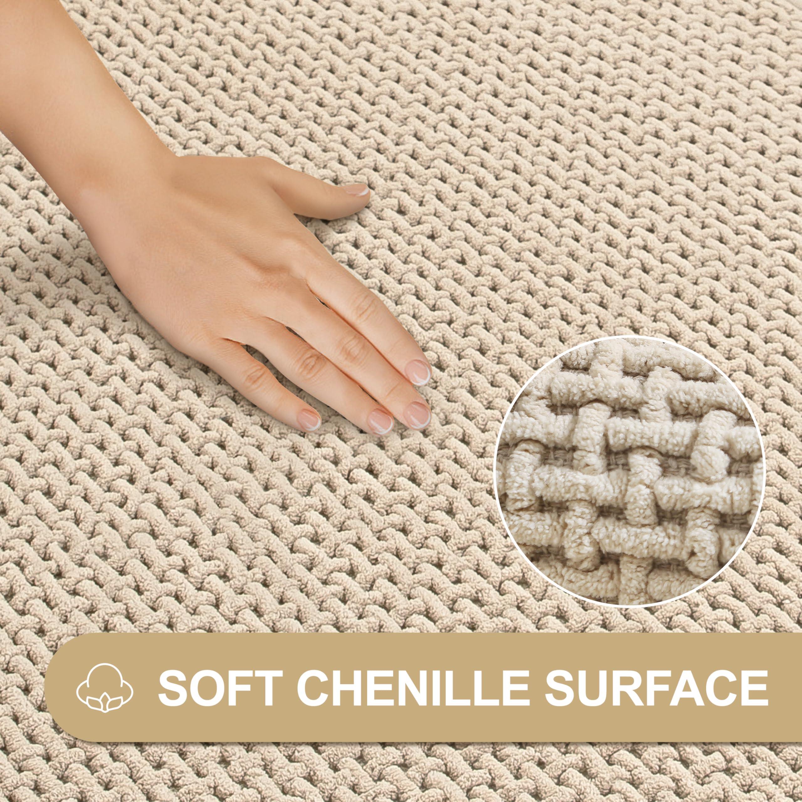 KINOGIC Bathroom Rug Beige Bath Mat: 24x36 Chenille Non Slip Washable Absorbent Bathmat Small Soft Thin Quick Dry Shower Carpet for Bathroom Floor Tub and Restroom