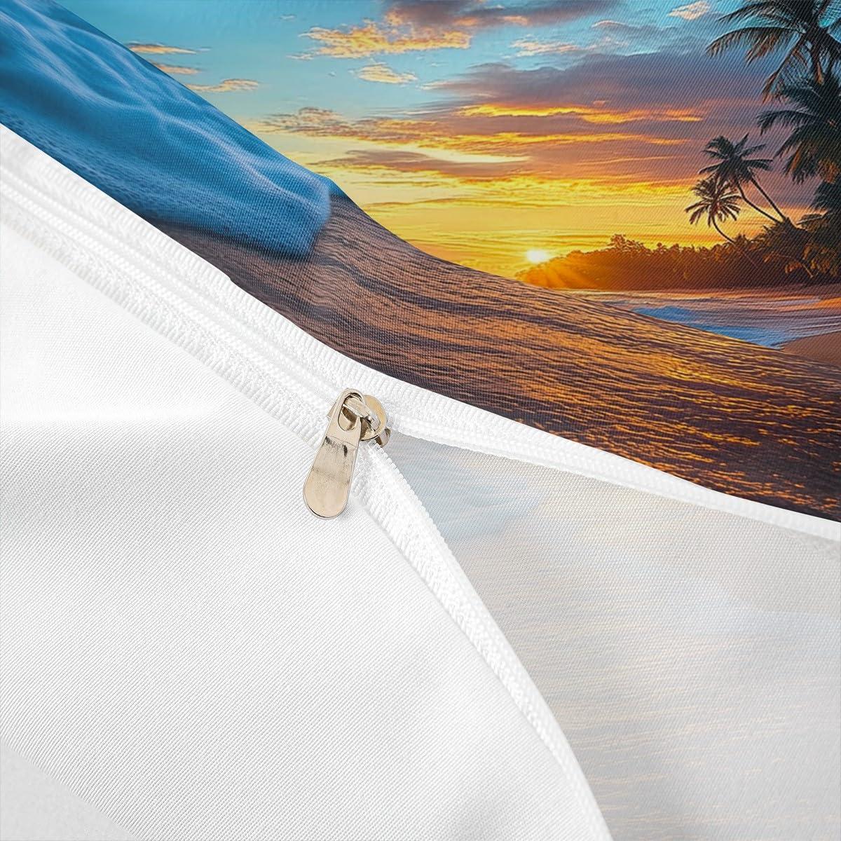 Erosebridal Beach Duvet Cover Full Ocean Bedding Kids Girls Boys Hawaiian Sea Waves Comforter Cover Tropical Sunset and Sea Beach Nature Theme Print bedding Botanical Beach House Decorative Bedspread with Zipper