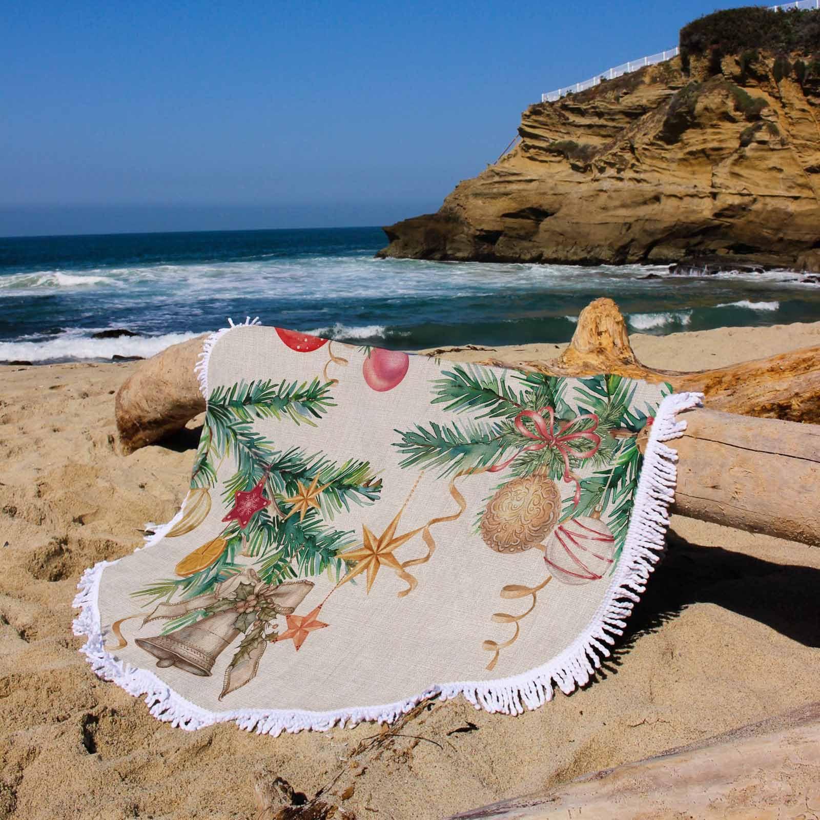 Queener Home Round Beach Towel Christmas Pine Branches Balls Bells Microfiber Beach Blanket Soft Towels Water Absorbed Bath Tapestry for Swimming Pool,Travel,Picnic,Yoga 59\" Xmas Celebration on Burlap