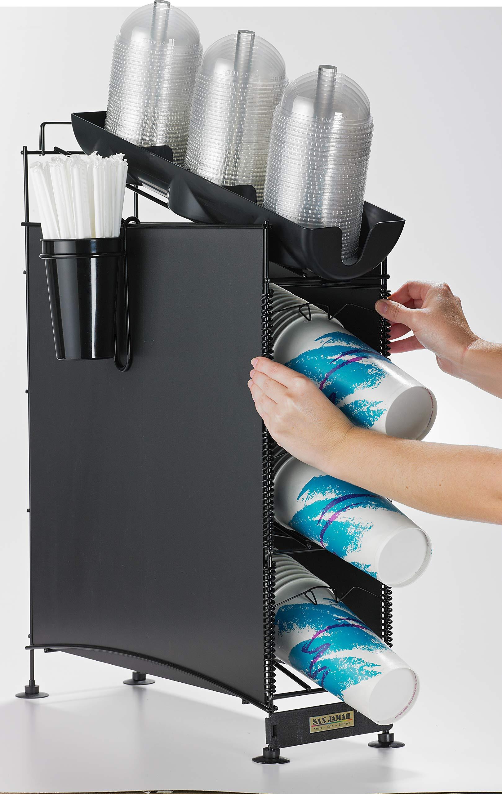 Carlisle Paddles San Jamar Wireworks Cup and Lid Dispenser Fits 8 - 44 Oz. Cups, 4 Tiers with Suction Cup Feet for Restaurants, Fast Food, And Kitchens, Plastic, 8.25 X 21.25 X 28 Inches, Black