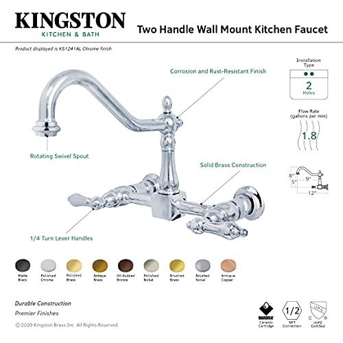 Kingston Brass Kingston Brass KS1248AL Heritage Wall Mount Center Kitchen Faucet Lever Handle, 8-1/2", Brushed Nickel