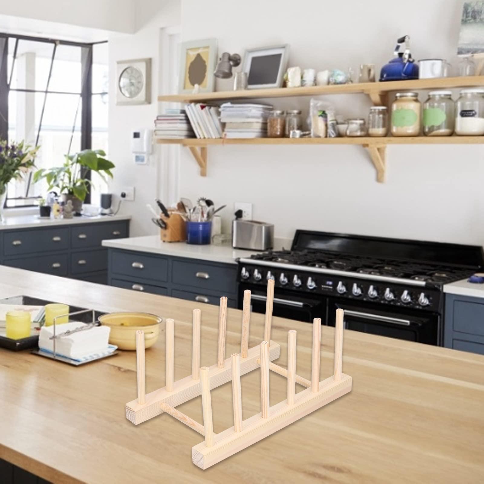 Cyrank Wooden Dish Rack,Dish Drying Rack Kitchen Storage Cabinet Organizer Plate Rack Stand Pot Lid Holder,Pine Wood Dish Rack for Bowl Pot Lid,Cutting Board(28cm)
