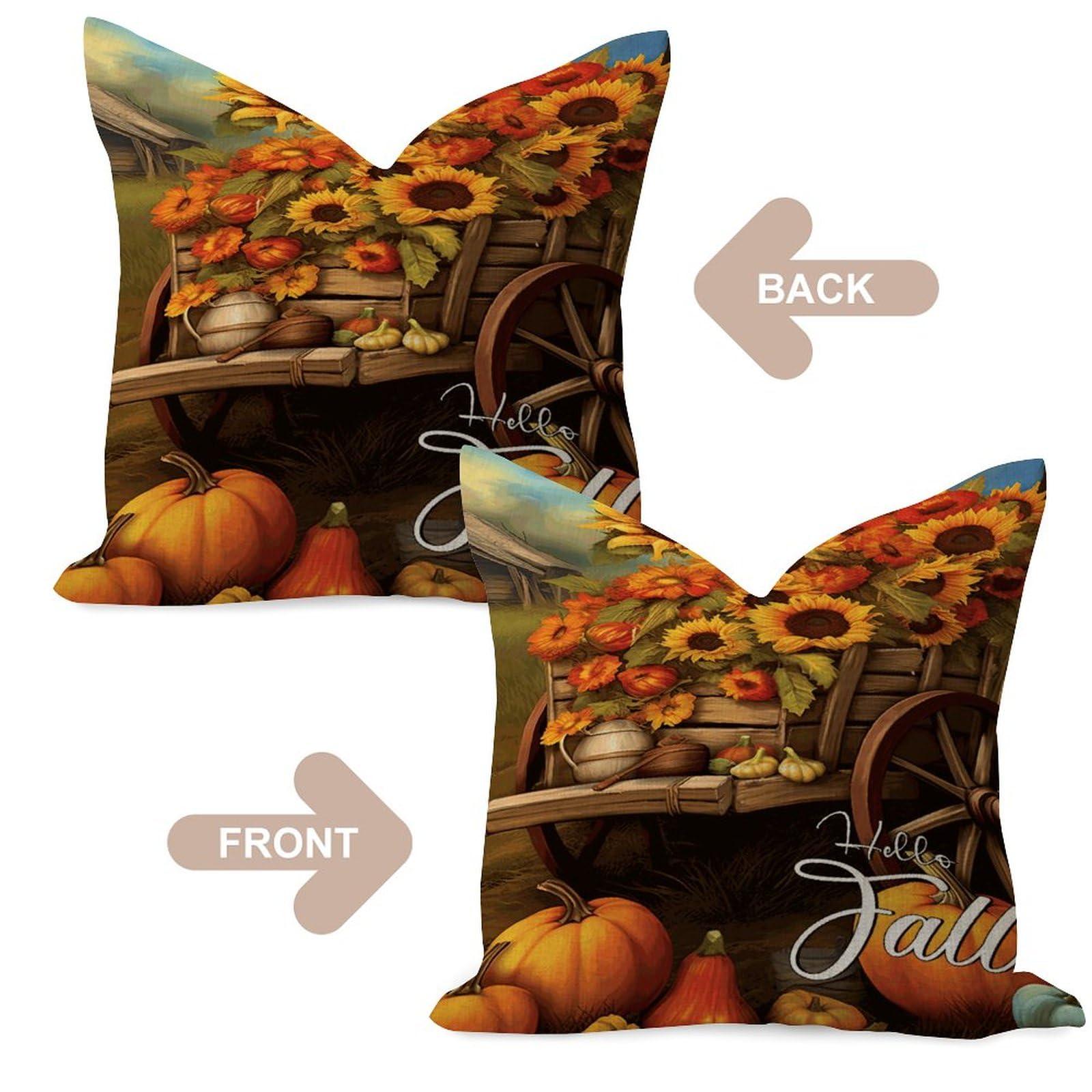 COVOME COVOME Hello Fall Pillow Cover 16x16in Burlap Linen Farmhouse Pillowcases Fall Thanksgiving Pumpkin Sunflowers Square Throw Cushion Case for Playroom Indoors Home Bed Home Decor