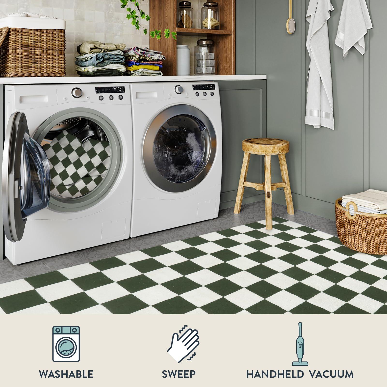 Lahome Lahome 6x9 Green Checkered Rug for Bedroom Boy Room, Modern Large Cotton Woven Checkerboard Green and White Rug, Retro Washable Art Decor Carpet for Living Room Home Decor