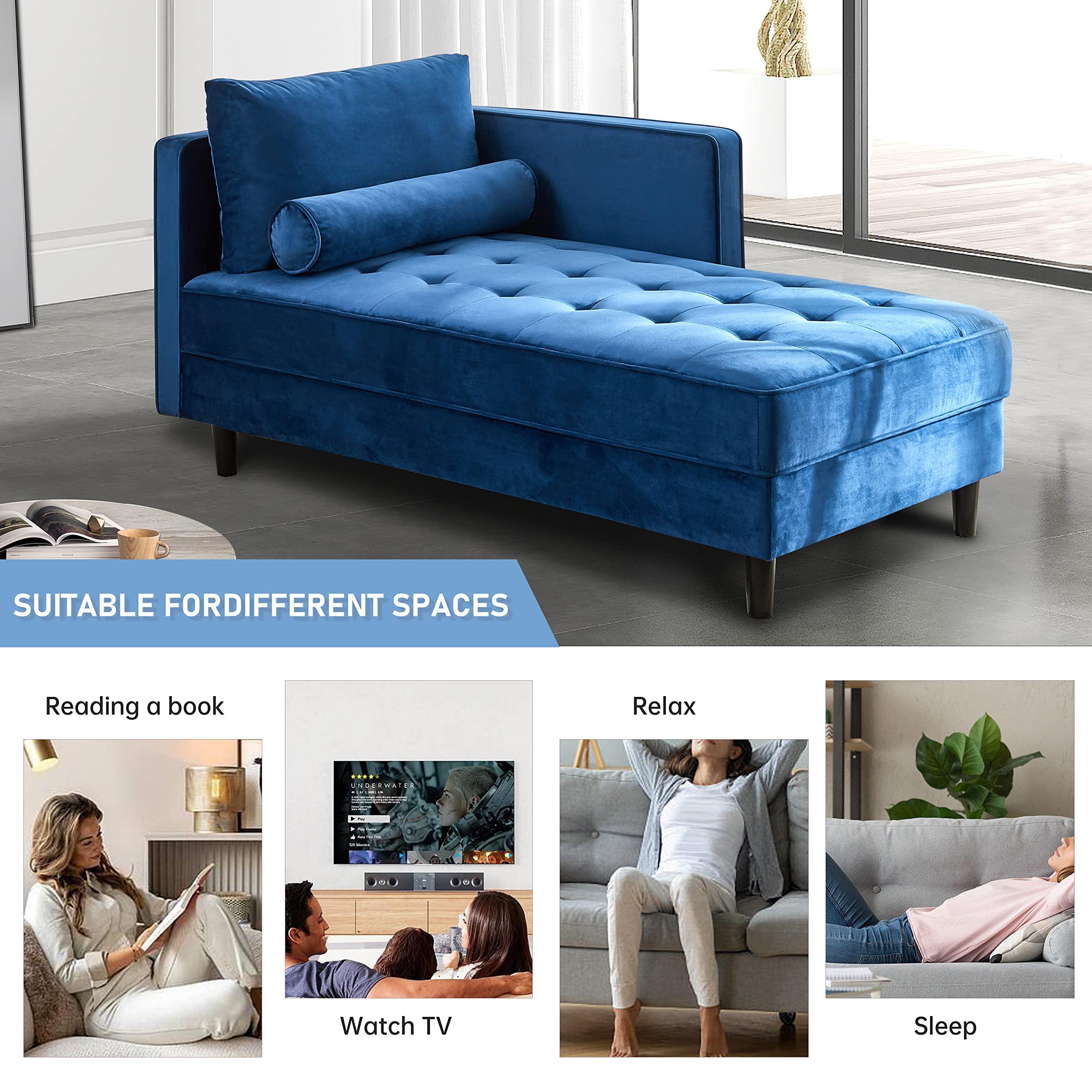 BAMOOLI BAMOOLI 64\'\' Velvet Chaise Lounge Indoor, Modern Longue Chair Upholstered Chaise Longue with Support Pillow, Button Tufted Seat Cushion, Sleeper Sofa Recliner for Bedroom, Living Room, Apartment, Blue